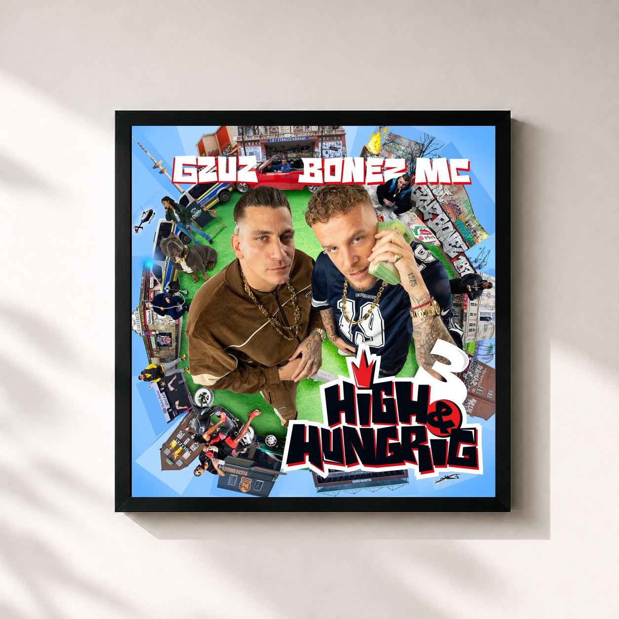 #noir Tableau carré de l'album High & Hungrig 3 de Bonez MC, cadre noir 32x32 cm