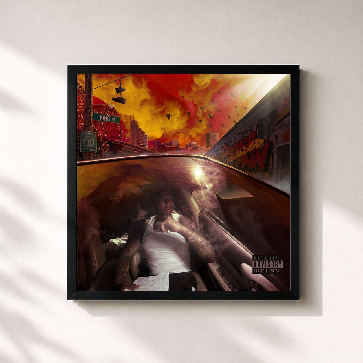 #noir Tableau carré de l'album A Gangsta’s Pain: Reloaded de Moneybagg Yo, cadre noir 32x32 cm
