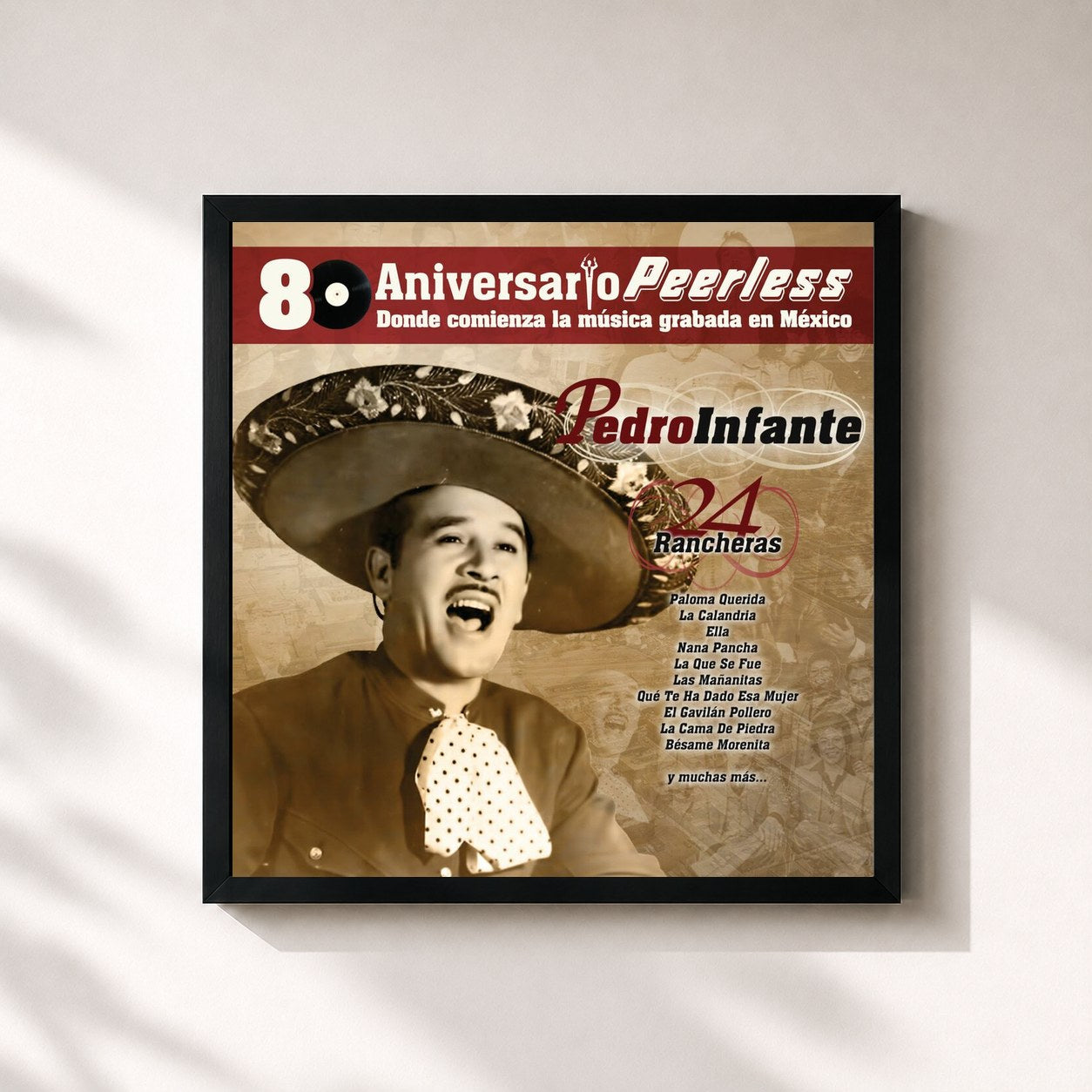 #noir Tableau carré de l'album Peerless 80 Aniversario - 24 Rancheras de Pedro Infante, cadre noir 32x32 cm