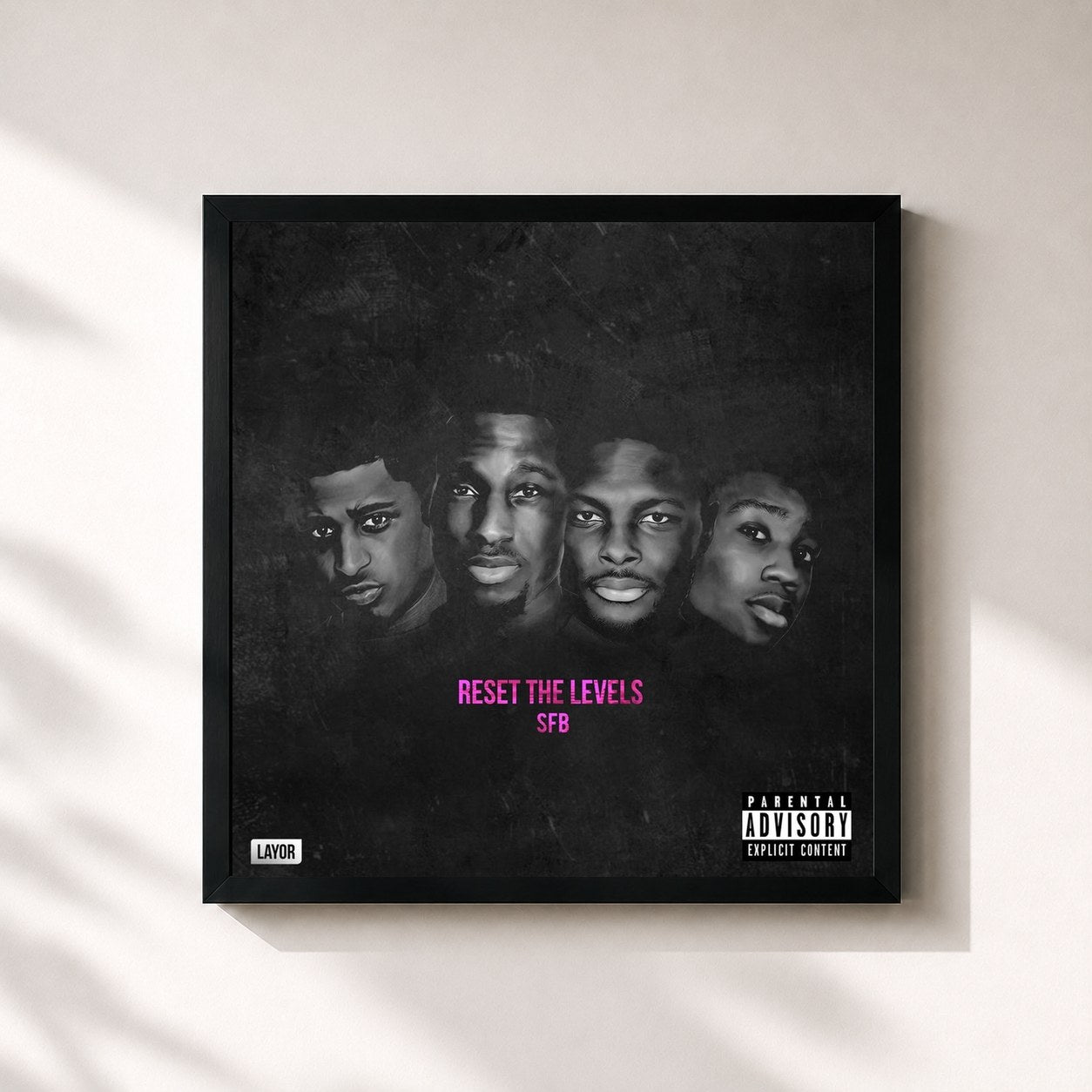 #noir Tableau carré de l'album Reset the Levels de SFB, cadre noir 32x32 cm