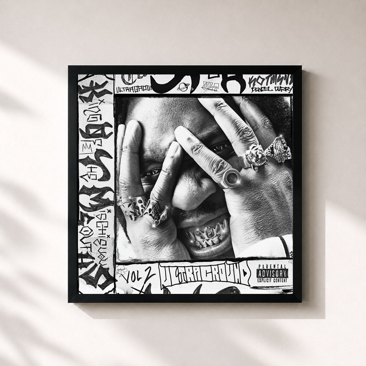 #noir Tableau carré de l'album King Of The Mischievous South Vol. 2 de Denzel Curry, cadre noir 32x32 cm