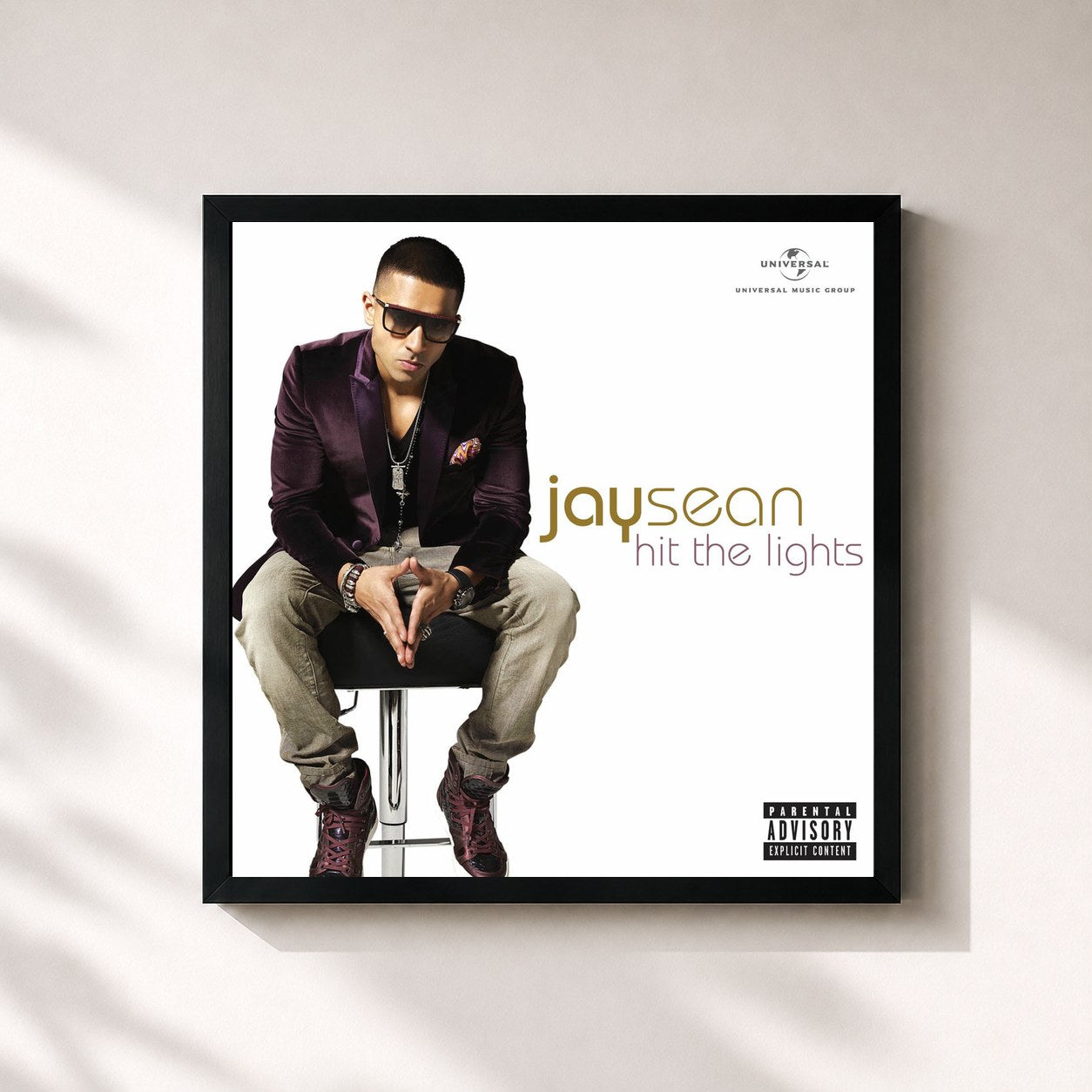 #noir Tableau carré de l'album Hit The Lights de Jay Sean, cadre noir 32x32 cm