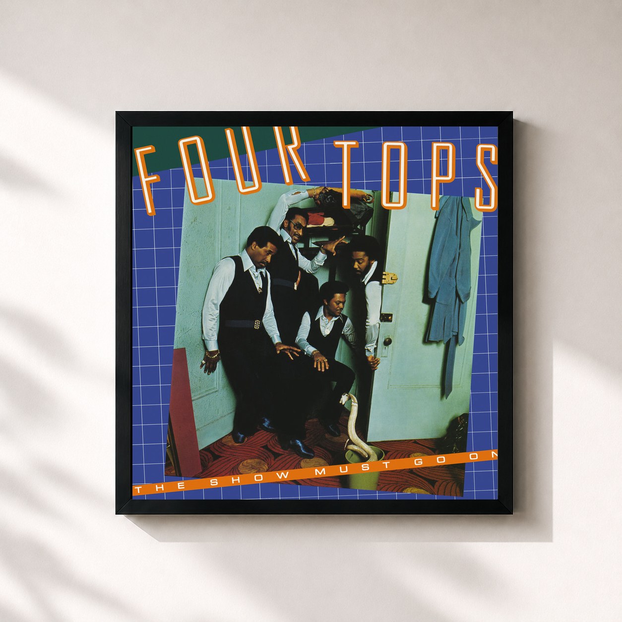 #noir Tableau carré de l'album The Show Must Go On de Four Tops, cadre noir 32x32 cm