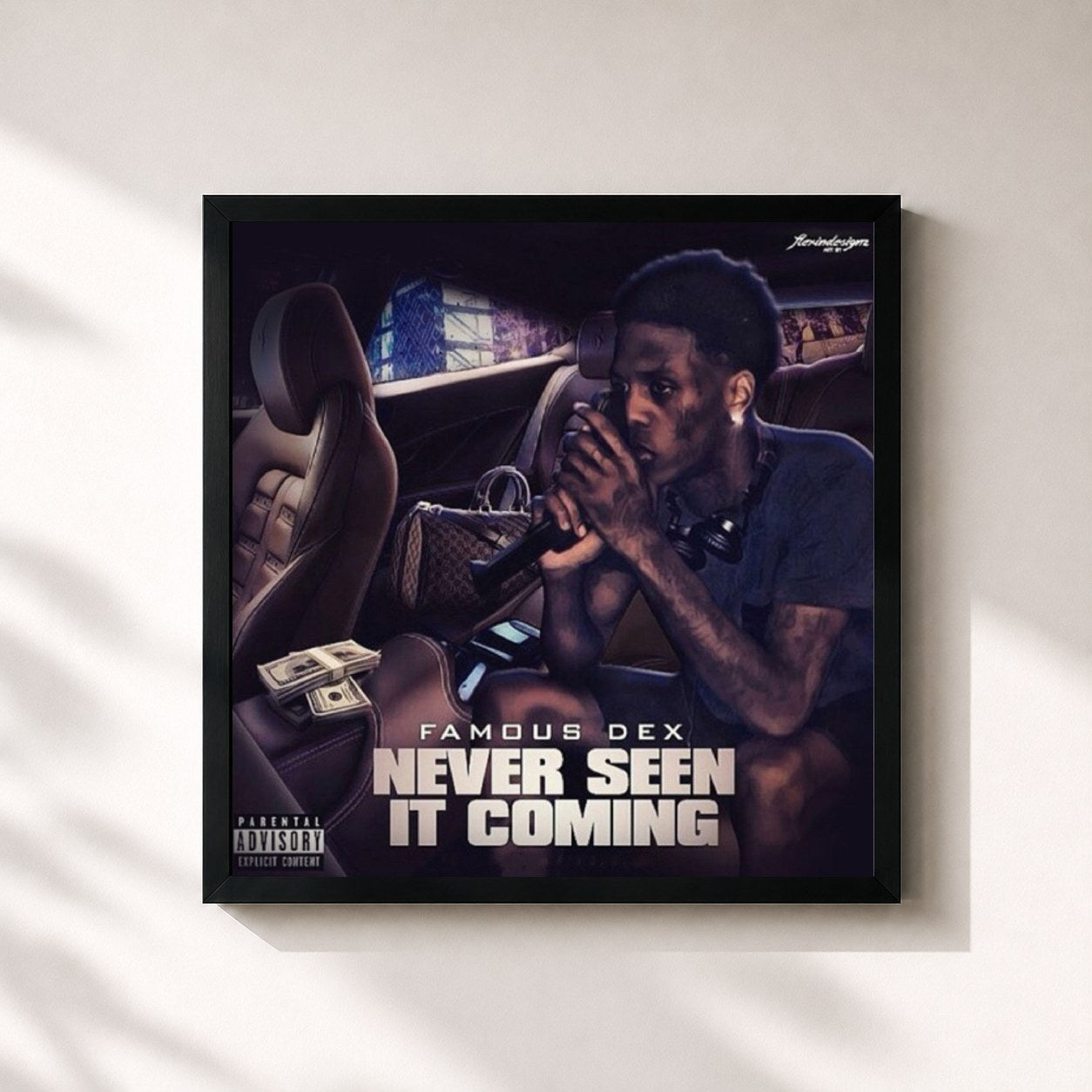 #noir Tableau carré de l'album Never Seen It Coming de Famous Dex, cadre noir 32x32 cm