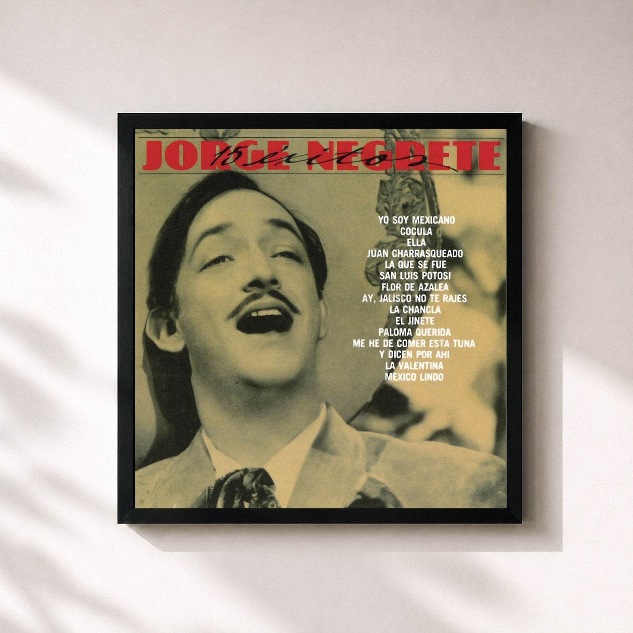 #noir Tableau carré de l'album 15 Exitos Jorge Negrete de Jorge Negrete, cadre noir 32x32 cm