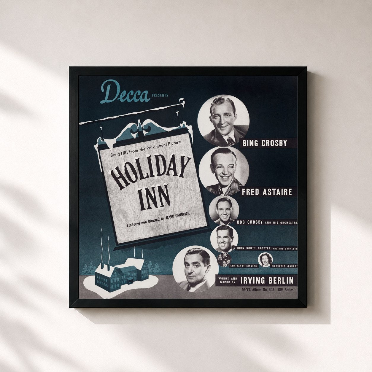 #noir Tableau carré de l'album Holiday Inn (Original Motion Picture Soundtrack) de Bing Crosby, cadre noir 32x32 cm