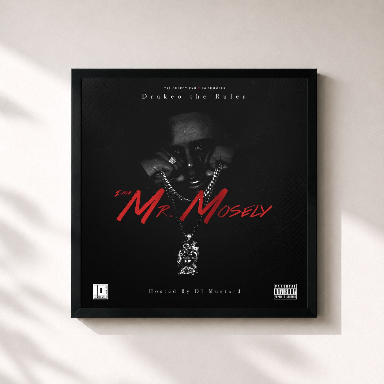 #noir Tableau carré de l'album I Am Mr. Mosely de Drakeo the Ruler, cadre noir 32x32 cm