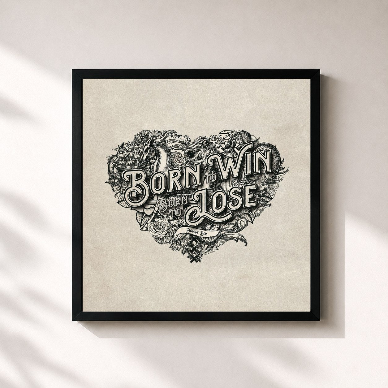 #noir Tableau carré de l'album Born To Win, Born To Lose de Douwe Bob, cadre noir 32x32 cm