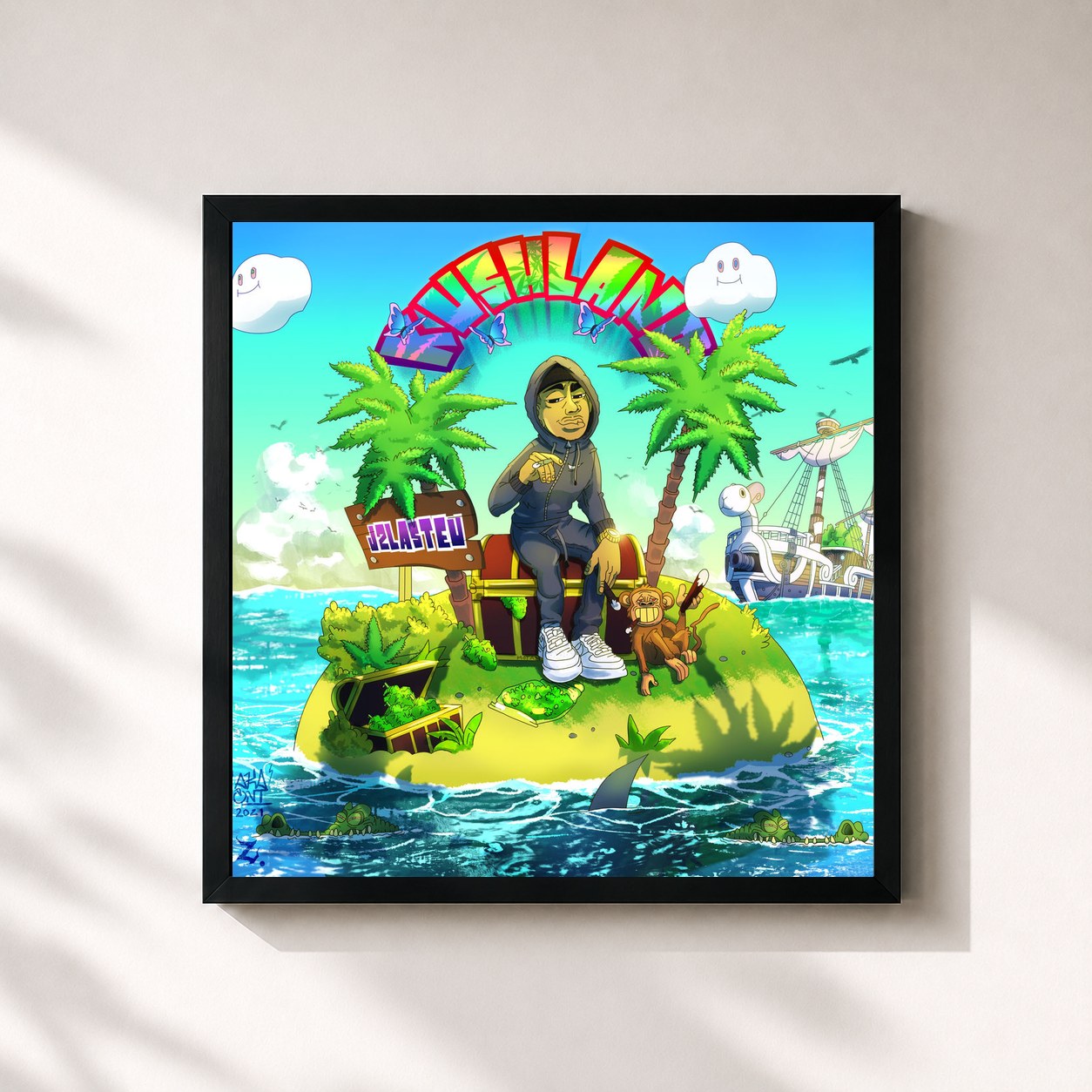 #noir Tableau carré de l'album KUSH LAND de J2LASTEU, cadre noir 32x32 cm