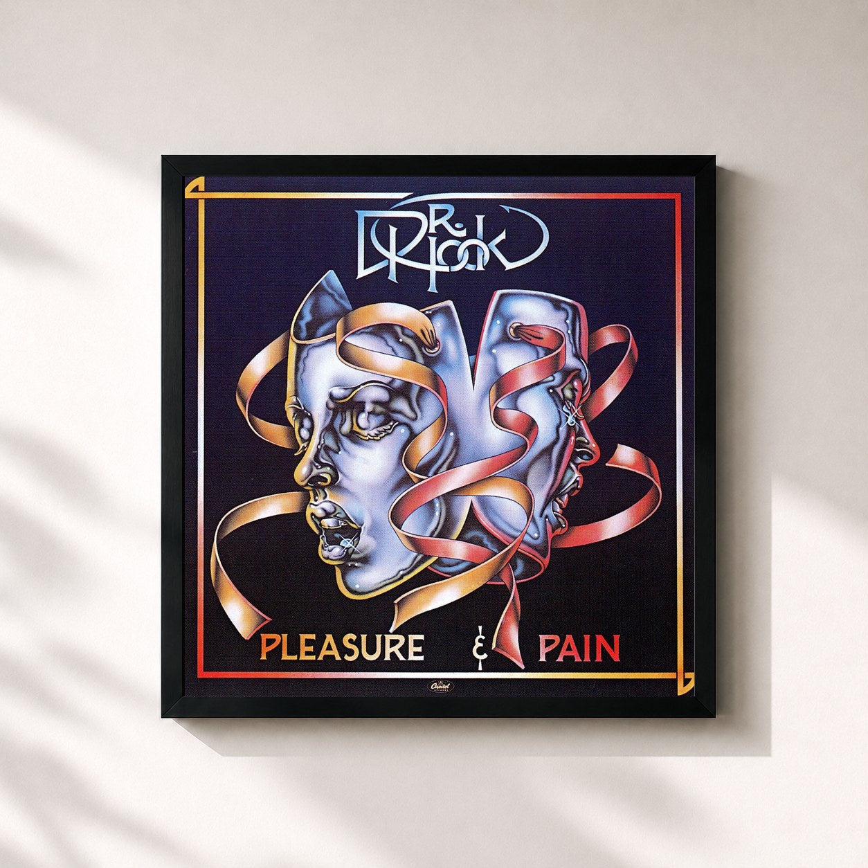 #noir Tableau carré de l'album Pleasure & Pain de Dr. Hook, cadre noir 32x32 cm