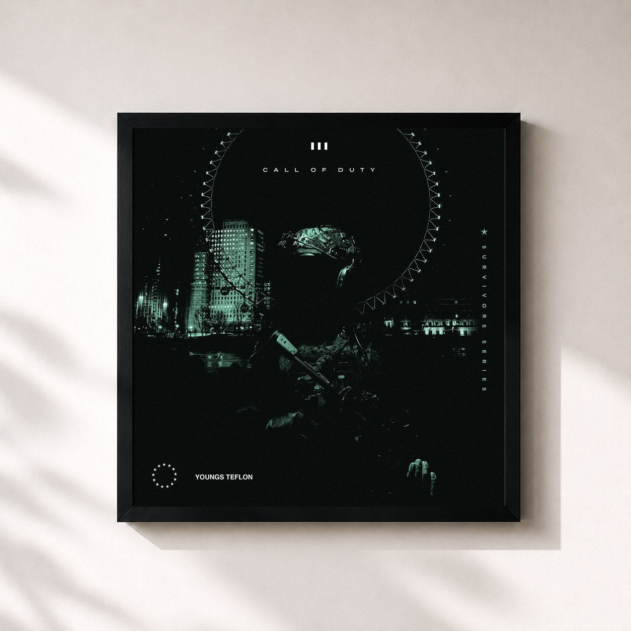 #noir Tableau carré de l'album Call of Duty 3 de Youngs Teflon, cadre noir 32x32 cm