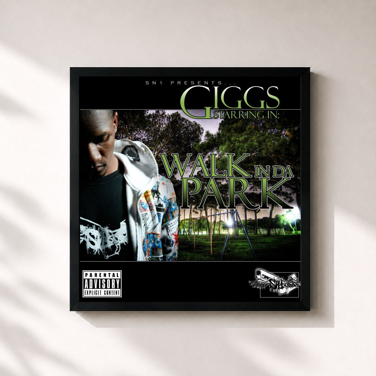 #noir Tableau carré de l'album Walk in Da Park de Giggs, cadre noir 32x32 cm