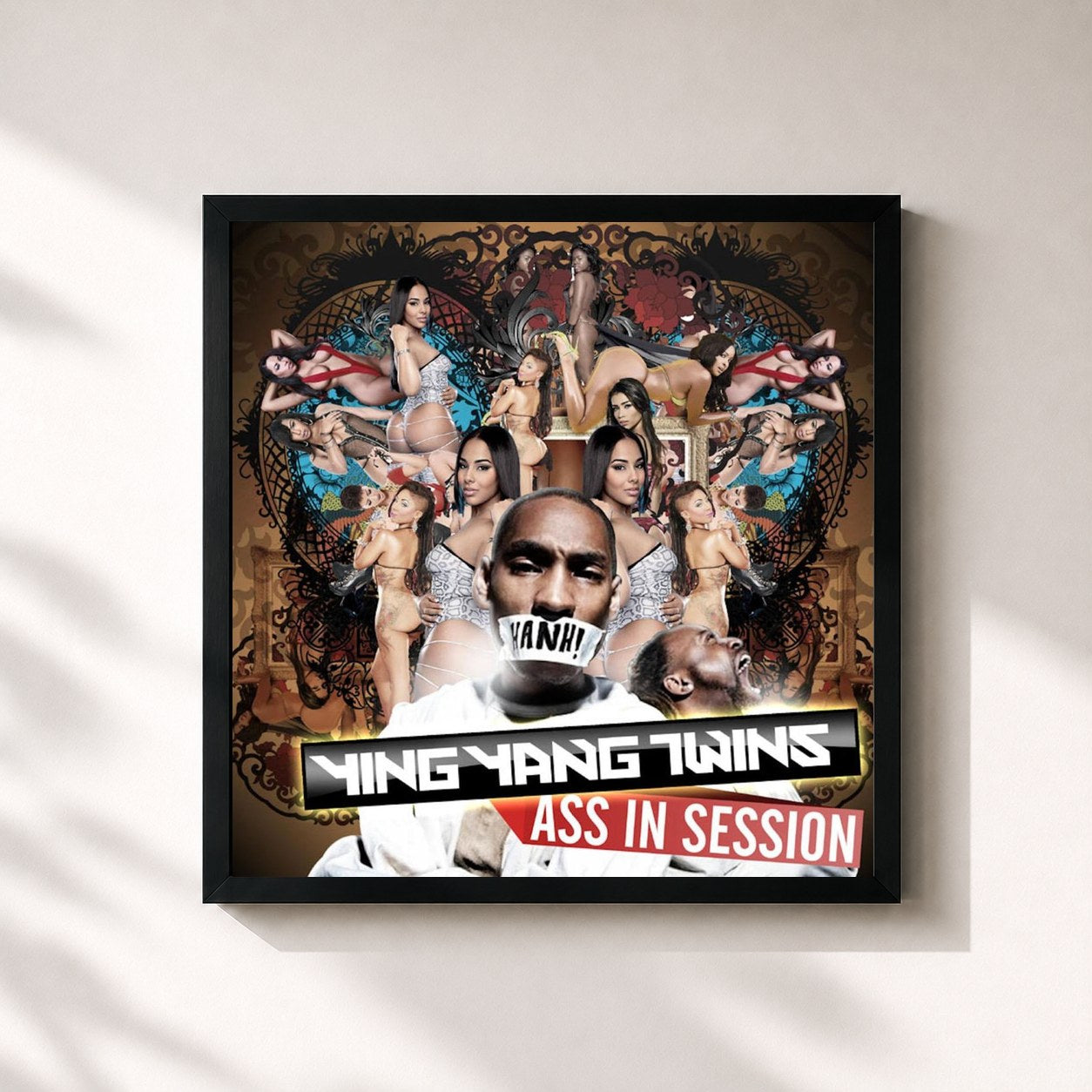 #noir Tableau carré de l'album Ass in Session de Ying Yang Twins, cadre noir 32x32 cm