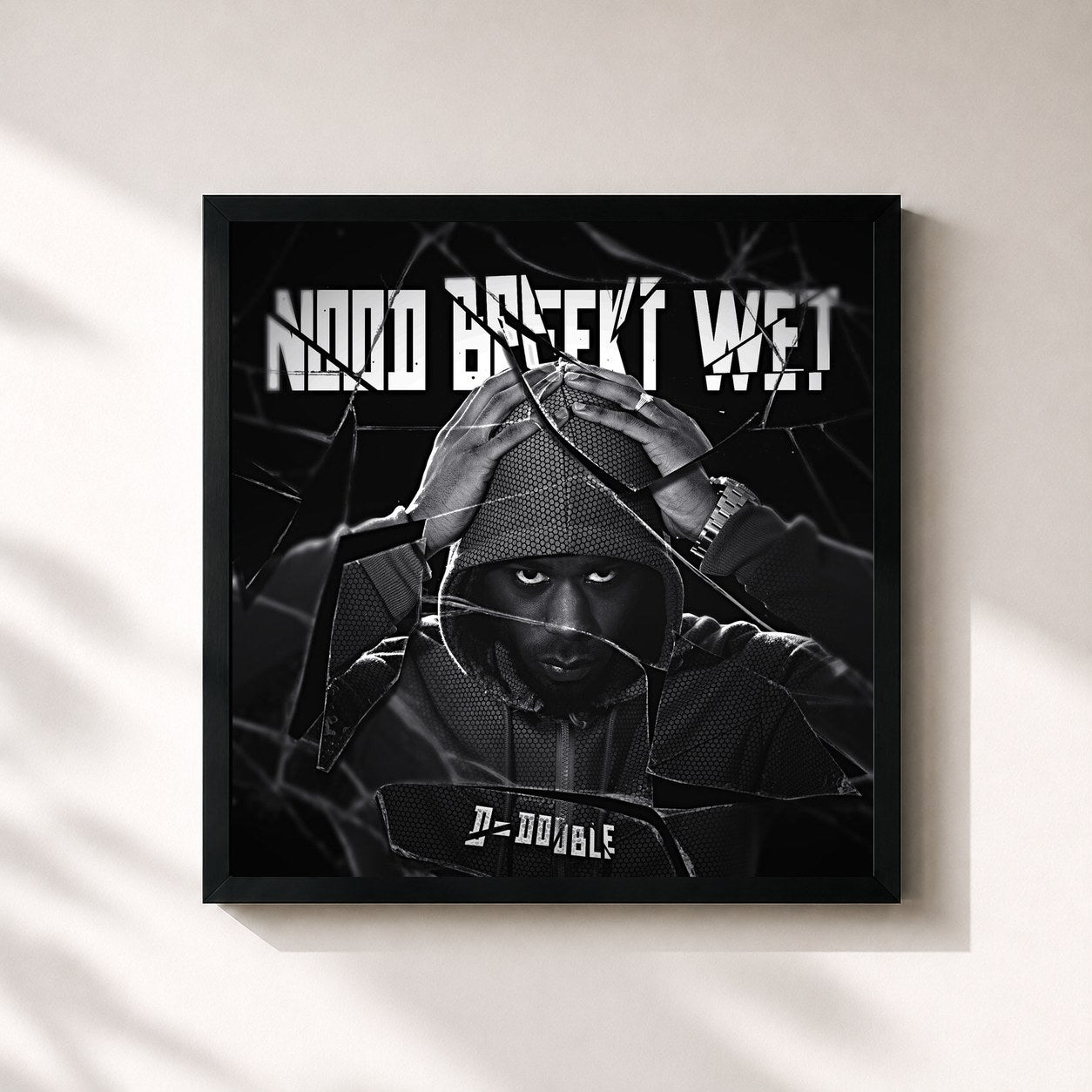 #noir Tableau carré de l'album Nood Breekt Wet de D-Double, cadre noir 32x32 cm