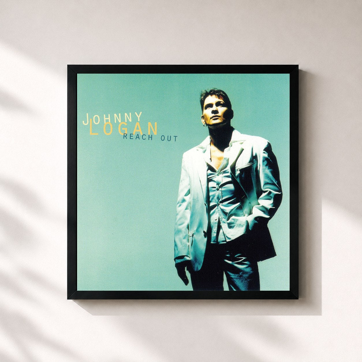 #noir Tableau carré de l'album Reach Out de Johnny Logan, cadre noir 32x32 cm