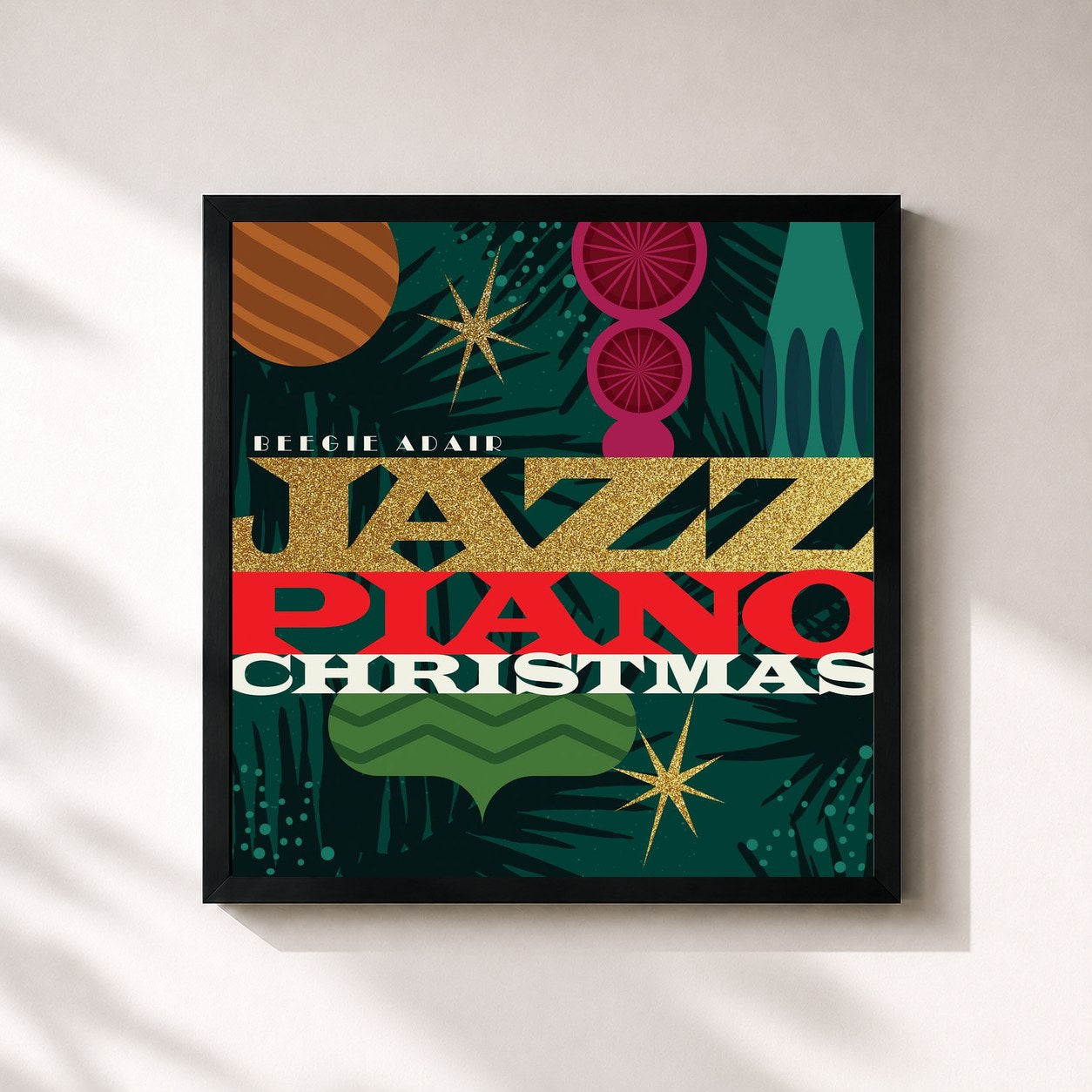 #noir Tableau carré de l'album Jazz Piano Christmas de Beegie Adair, cadre noir 32x32 cm