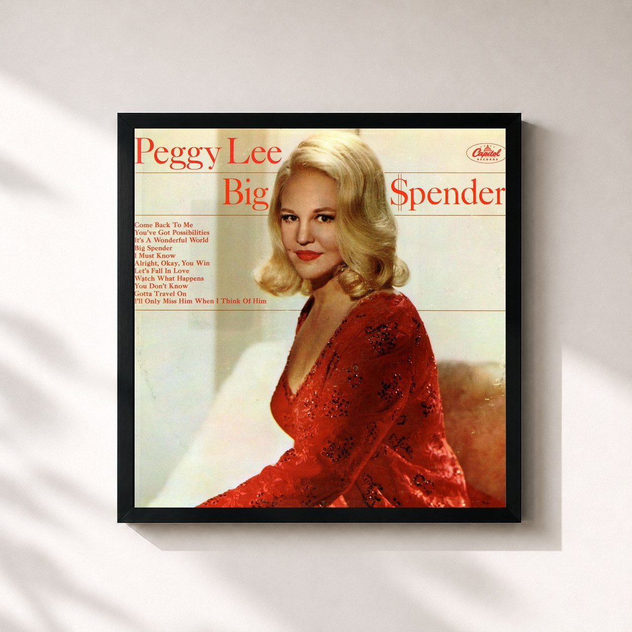 #noir Tableau carré de l'album Big Spender de Peggy Lee, cadre noir 32x32 cm