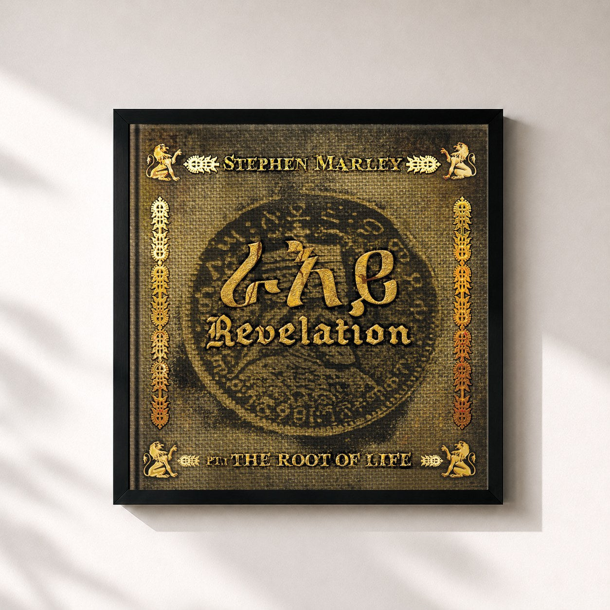 #noir Tableau carré de l'album Revelation Part 1: The Root Of Life de Stephen Marley, cadre noir 32x32 cm