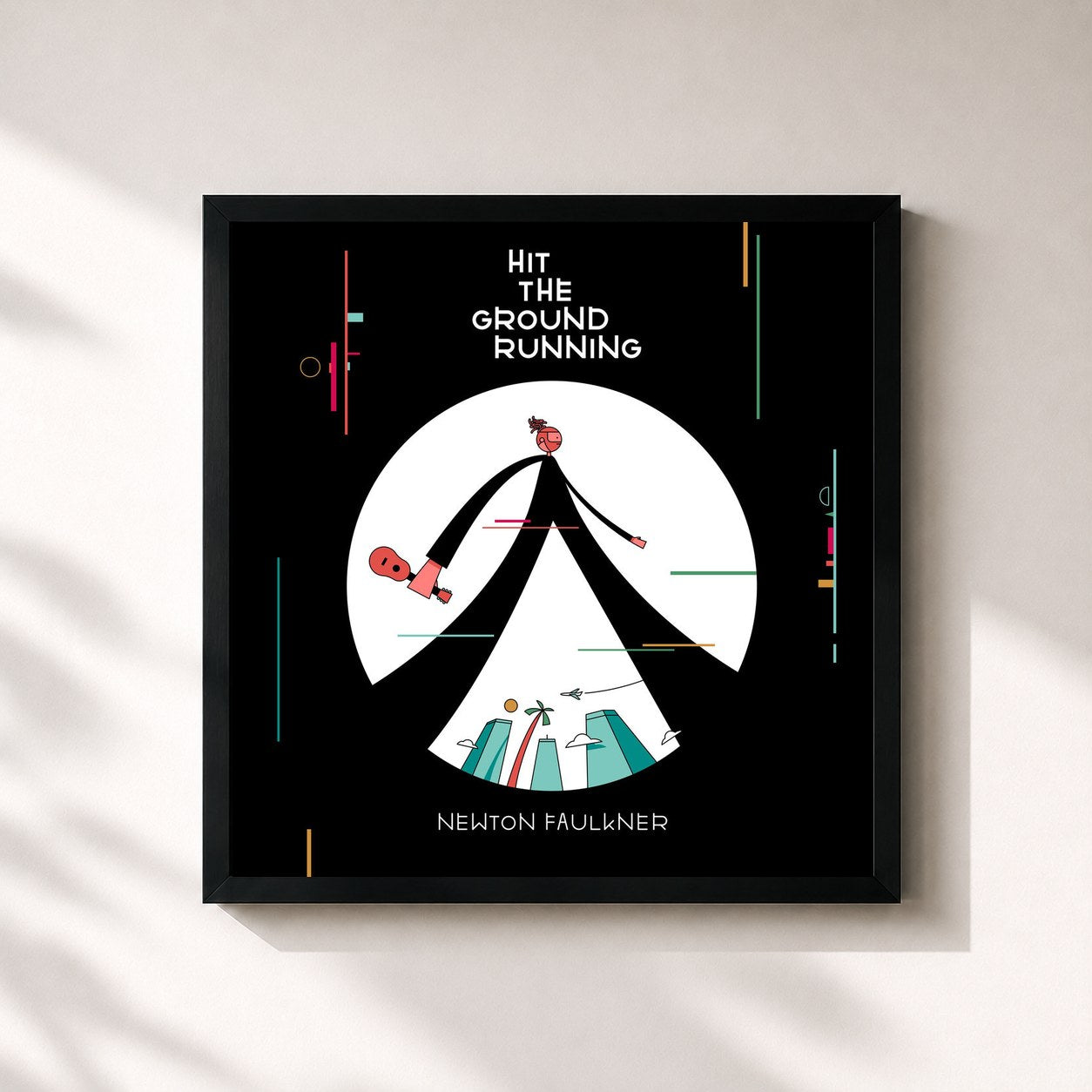 #noir Tableau carré de l'album Hit the Ground Running de Newton Faulkner, cadre noir 32x32 cm