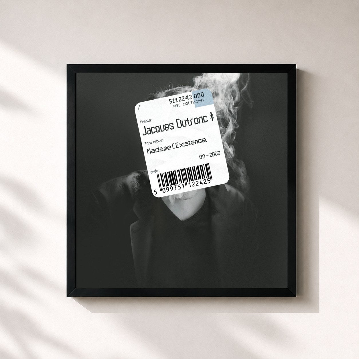 #noir Tableau carré de l'album Madame l'existence de Jacques Dutronc, cadre noir 32x32 cm