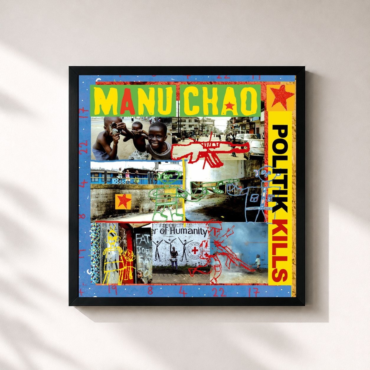 #noir Tableau carré de l'album Politik Kills de Manu Chao, cadre noir 32x32 cm