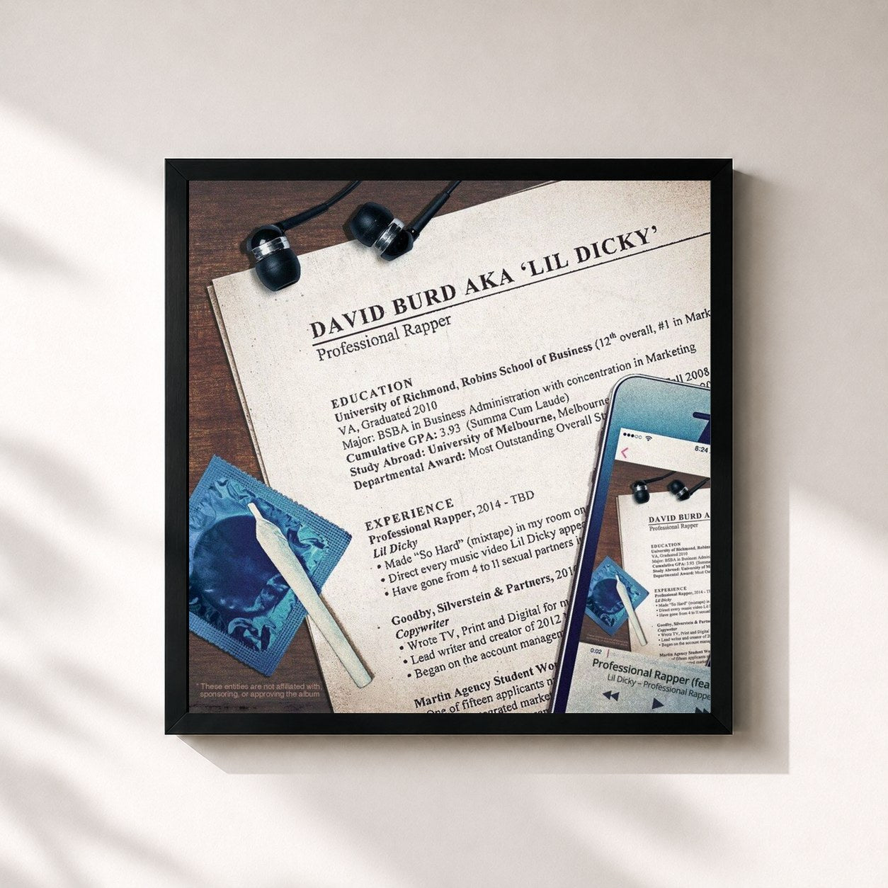 #noir Tableau carré de l'album Professional Rapper de Lil Dicky, cadre noir 32x32 cm