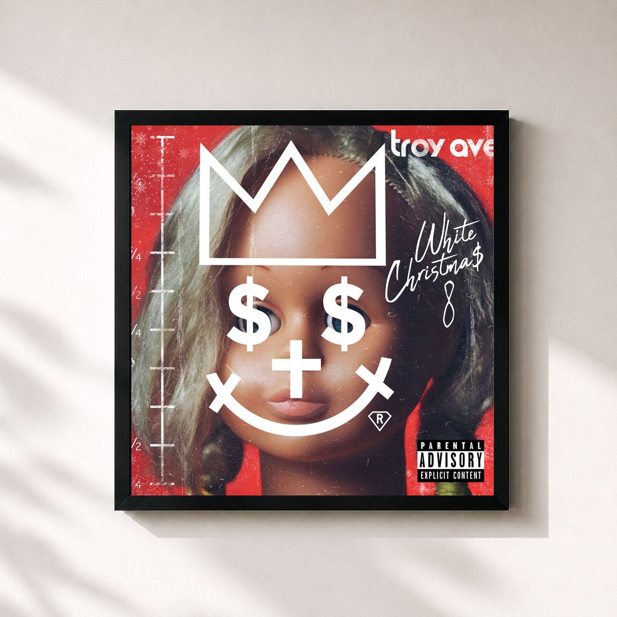 #noir Tableau carré de l'album White Christmas 8 de Troy Ave, cadre noir 32x32 cm