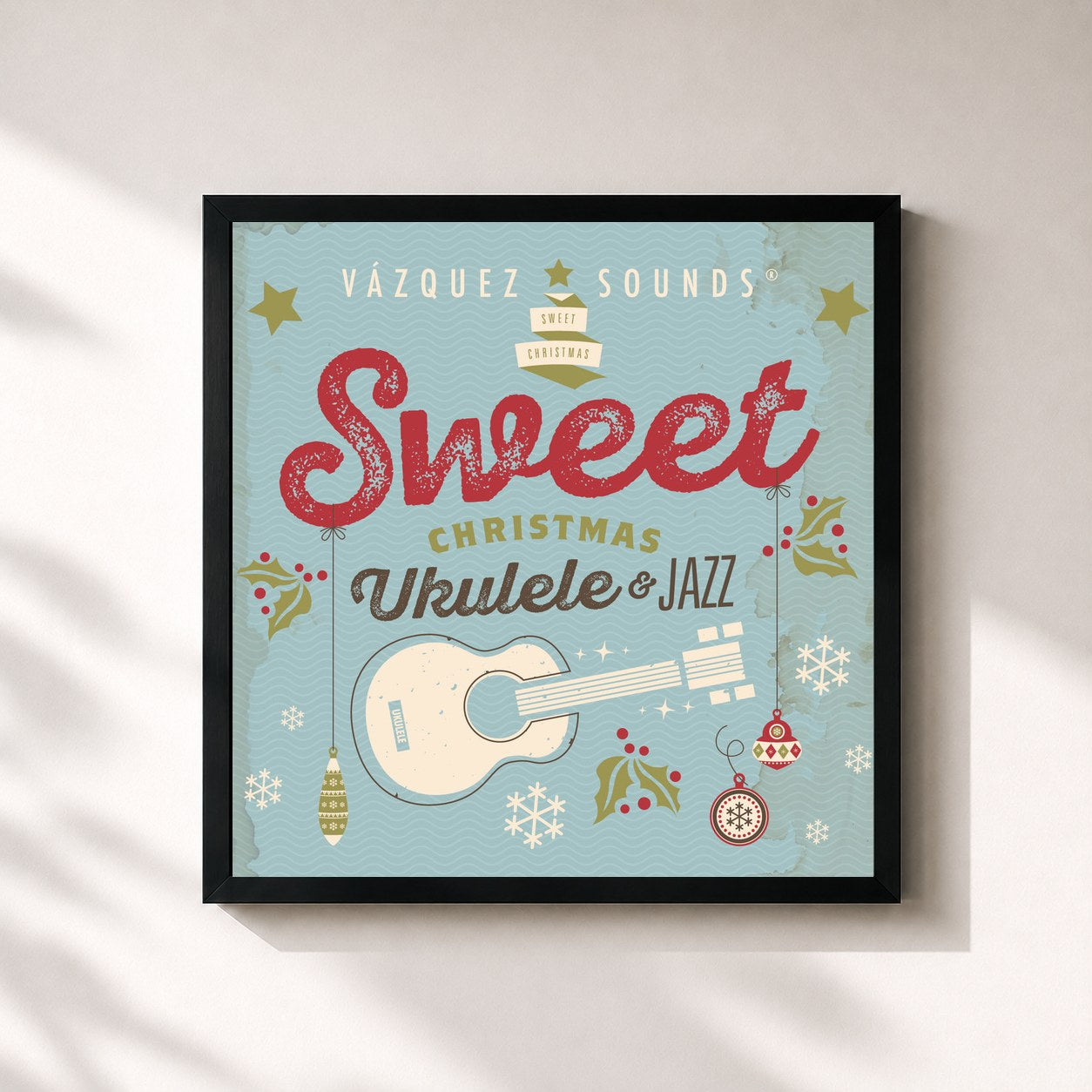 #noir Tableau carré de l'album Sweet Christmas Ukulele & Jazz de Vazquez Sounds, cadre noir 32x32 cm