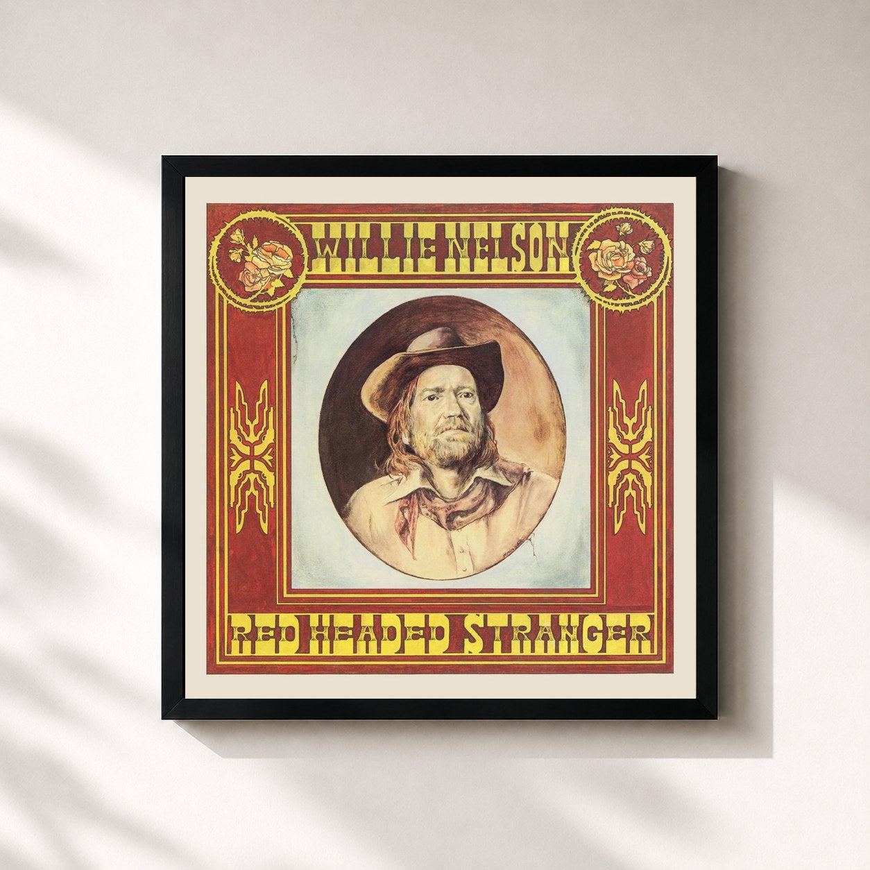 #noir Tableau carré de l'album Red Headed Stranger de Willie Nelson, cadre noir 32x32 cm