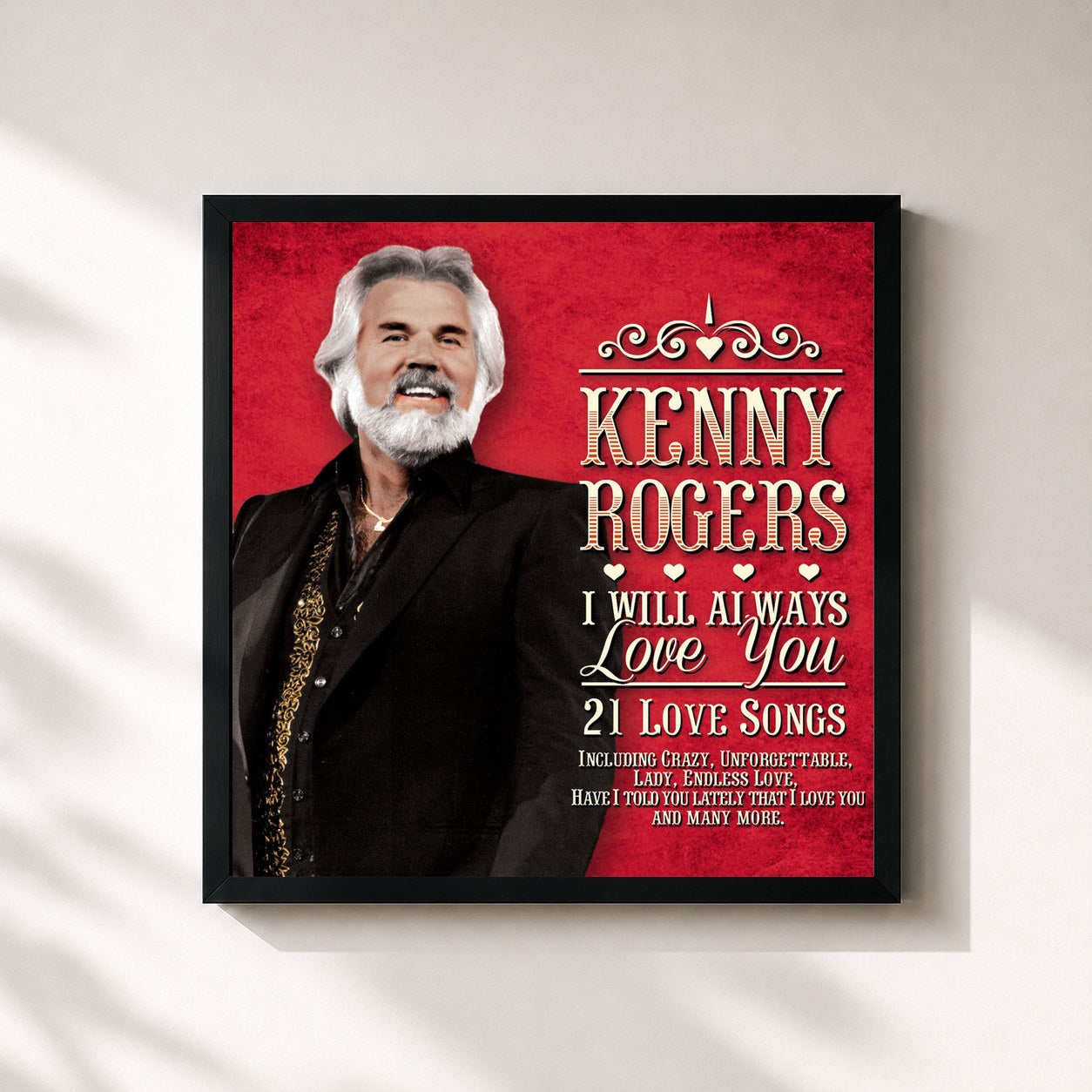 #noir Tableau carré de l'album I Will Always Love You de Kenny Rogers, cadre noir 32x32 cm