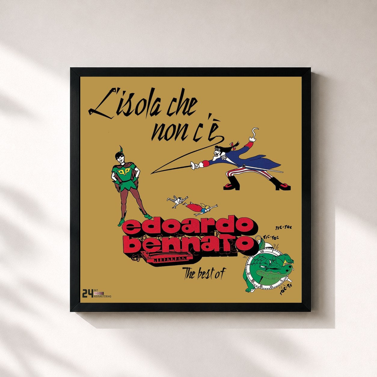#noir Tableau carré de l'album L'Isola Che Non C'è de Edoardo Bennato, cadre noir 32x32 cm