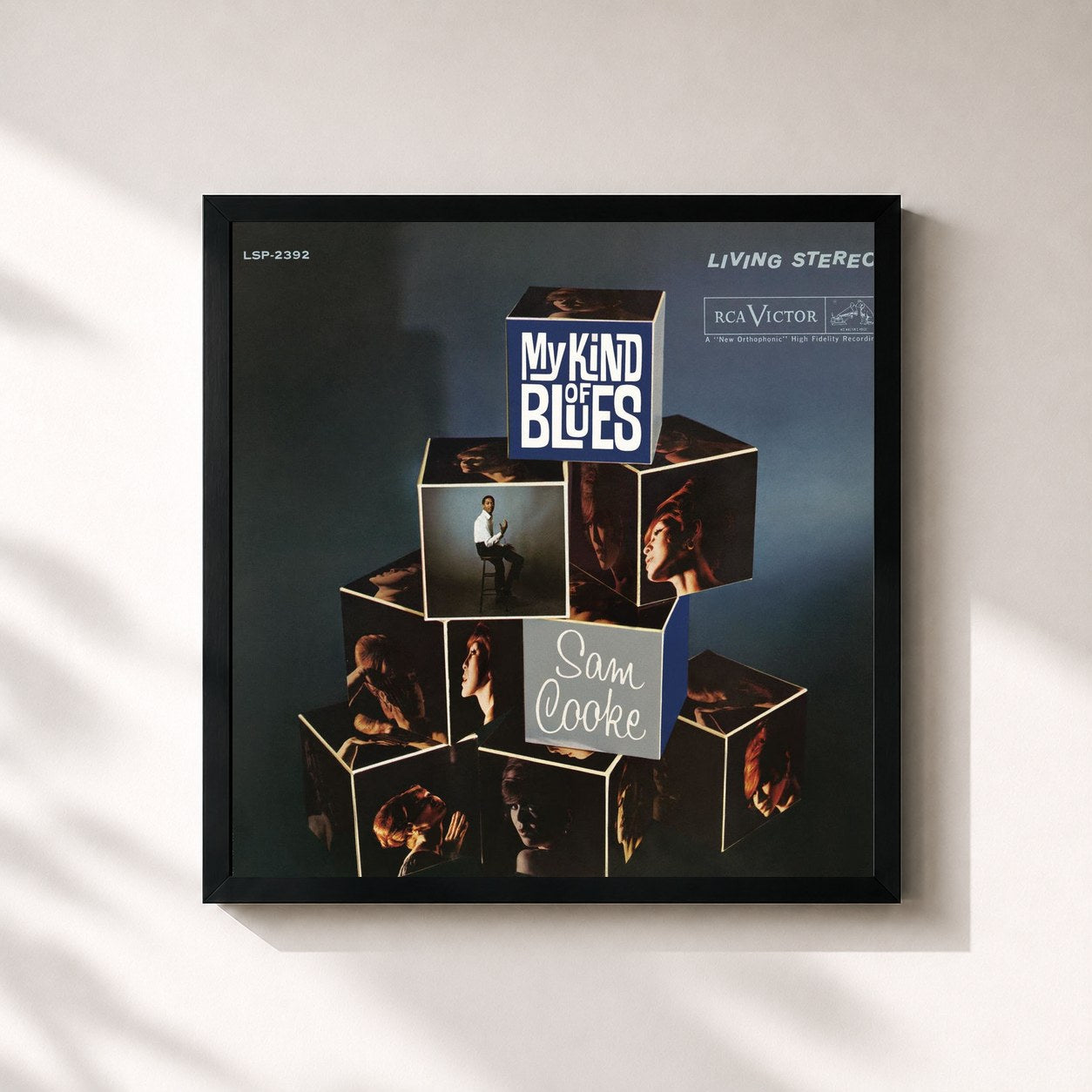 #noir Tableau carré de l'album My Kind Of Blues de Sam Cooke, cadre noir 32x32 cm
