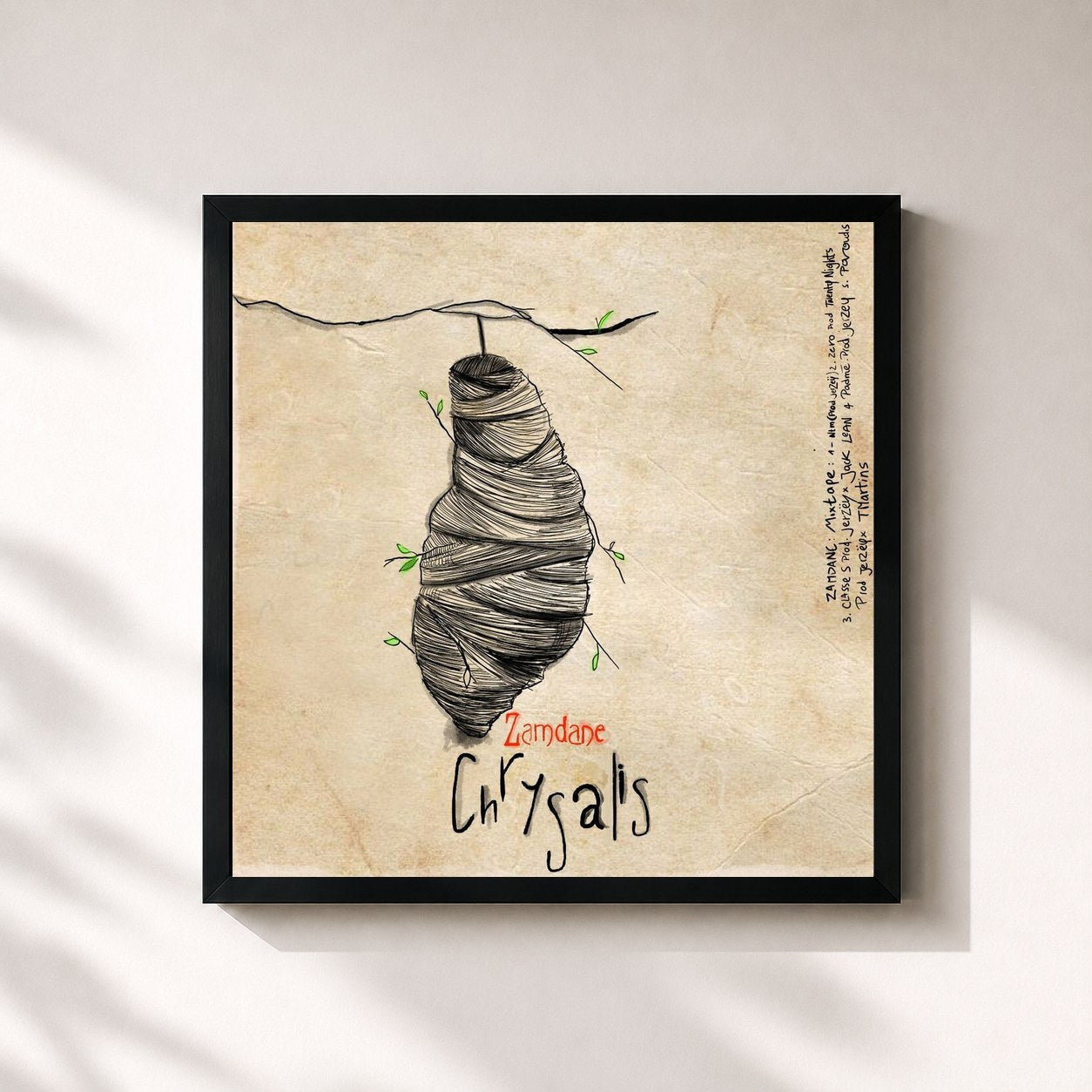 #noir Tableau carré de l'album Chrysalis de Zamdane, cadre noir 32x32 cm