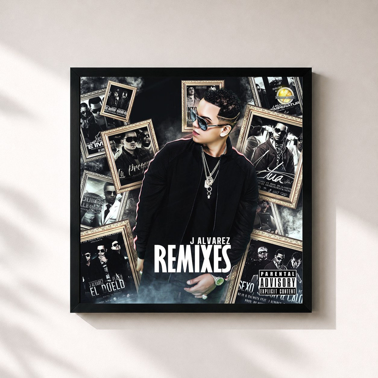 #noir Tableau carré de l'album J Alvarez (Remixes) de J Alvarez, cadre noir 32x32 cm