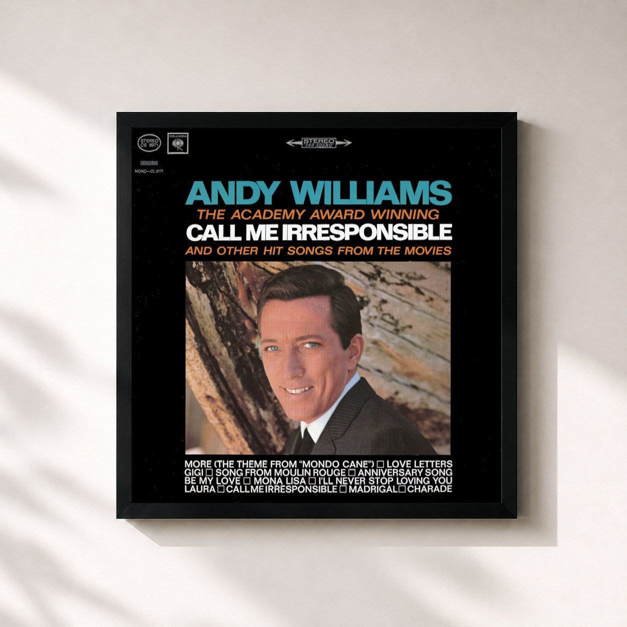 #noir Tableau carré de l'album Call Me Irresponsible de Andy Williams, cadre noir 32x32 cm