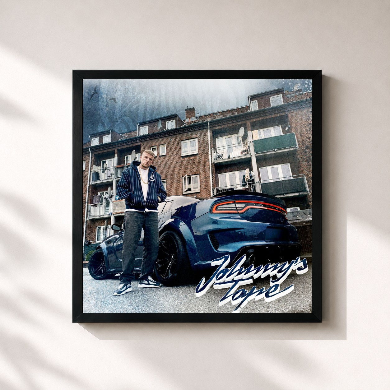 #noir Tableau carré de l'album Johnny's Tape de Bonez MC, cadre noir 32x32 cm