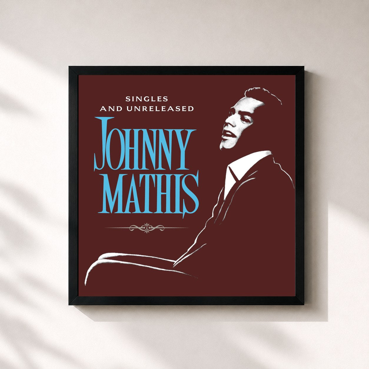 #noir Tableau carré de l'album The Global Singles and Unreleased de Johnny Mathis, cadre noir 32x32 cm