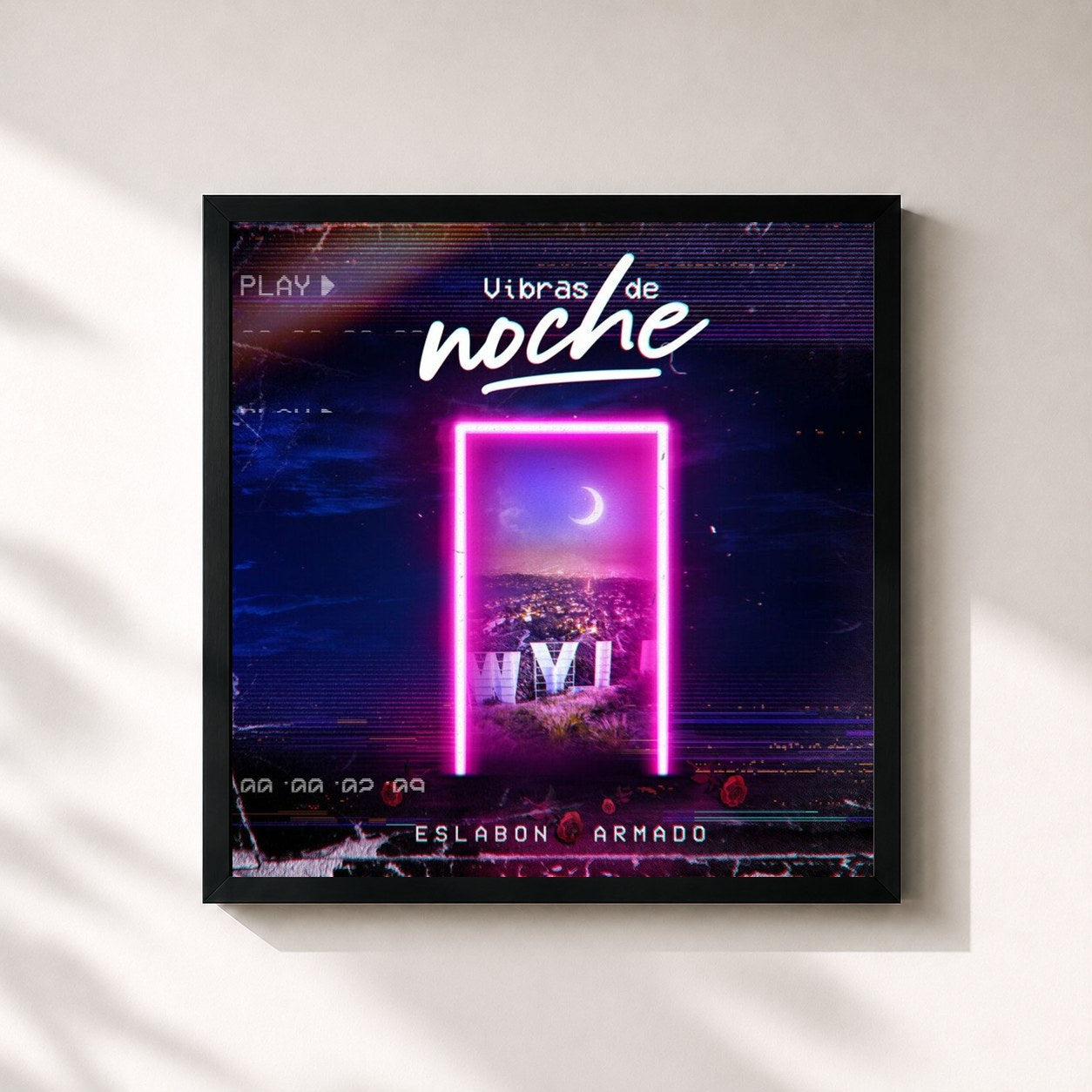 #noir Tableau carré de l'album Vibras de Noche de Eslabon Armado, cadre noir 32x32 cm