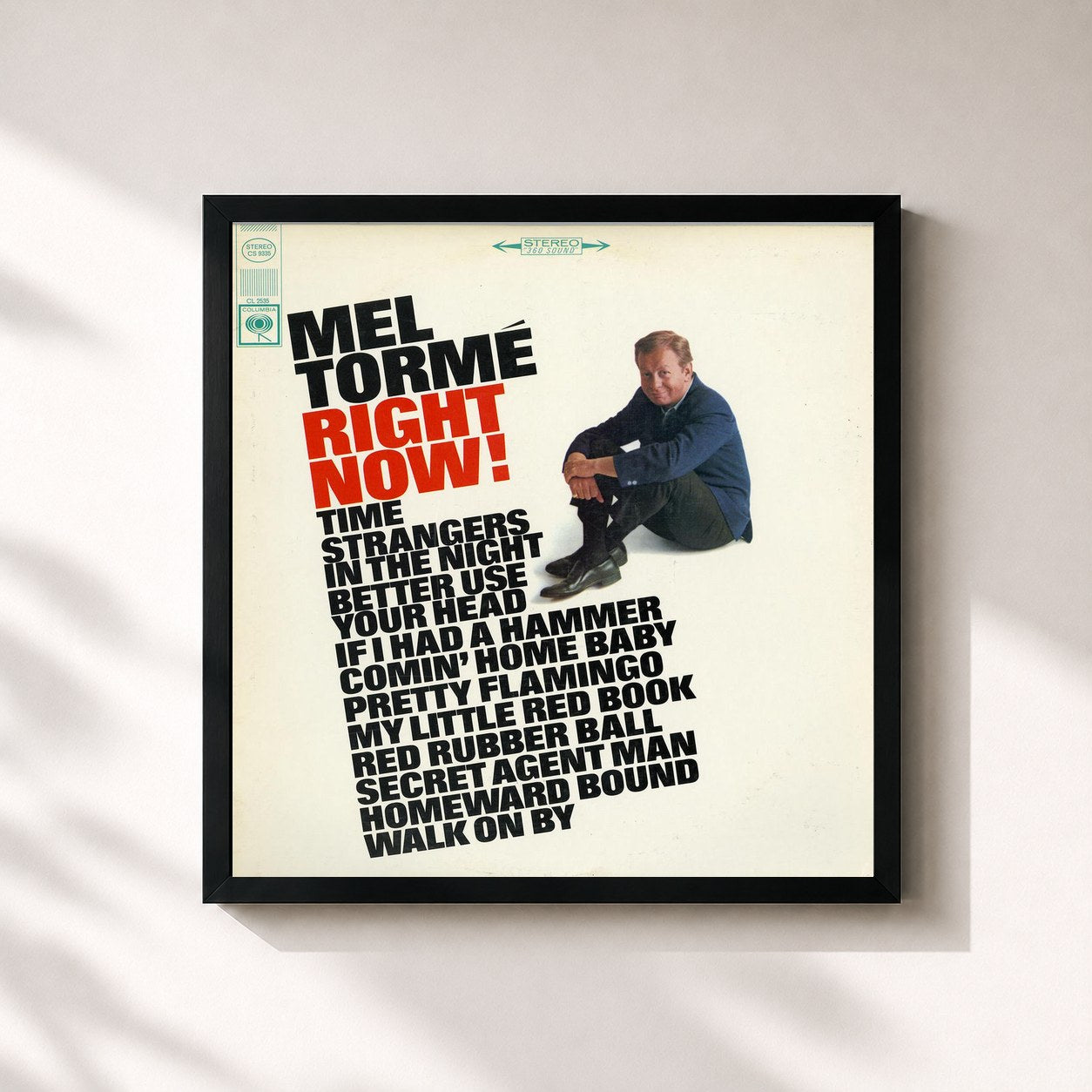 #noir Tableau carré de l'album Right Now! de Mel Tormé, cadre noir 32x32 cm