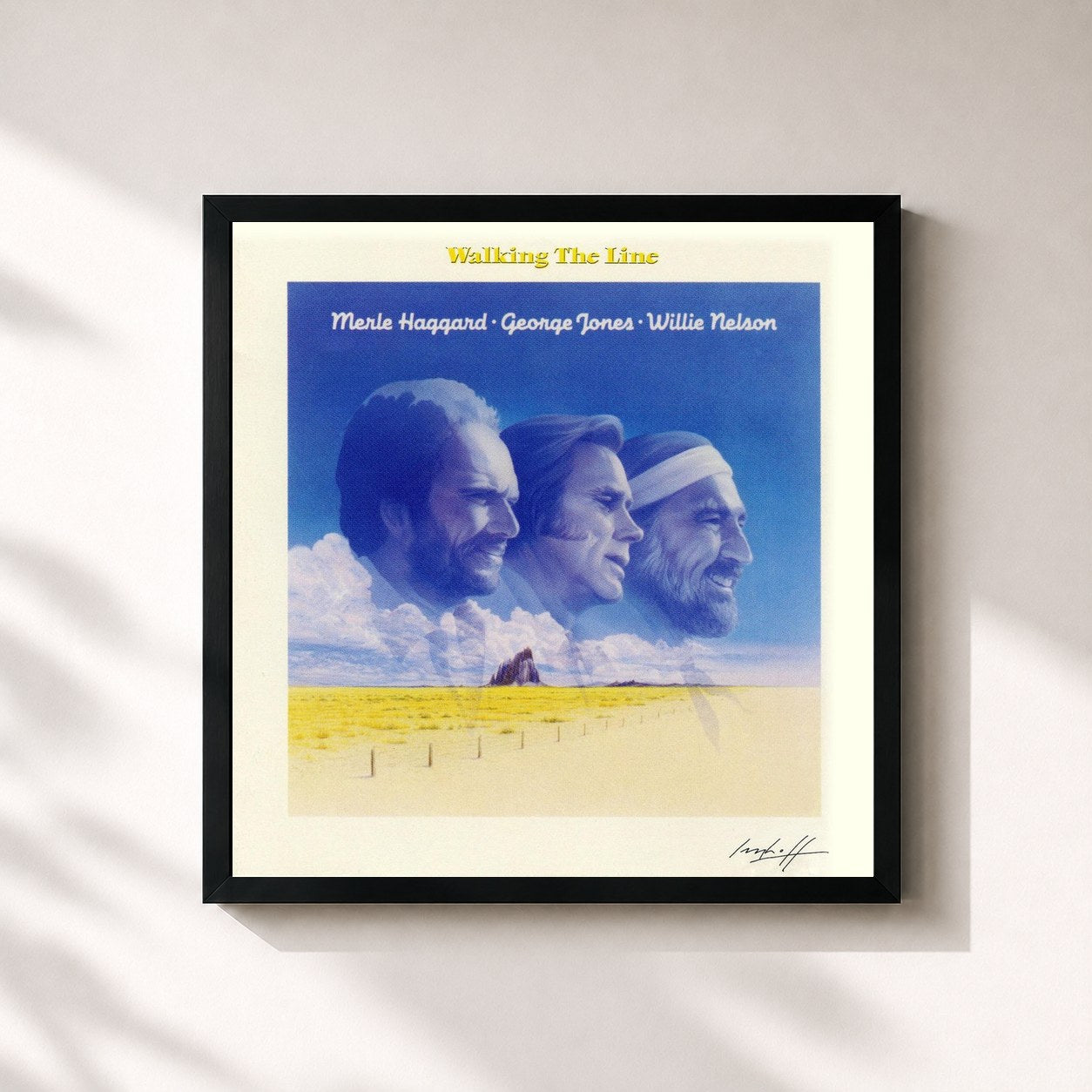 #noir Tableau carré de l'album Walking the Line de Willie Nelson, cadre noir 32x32 cm