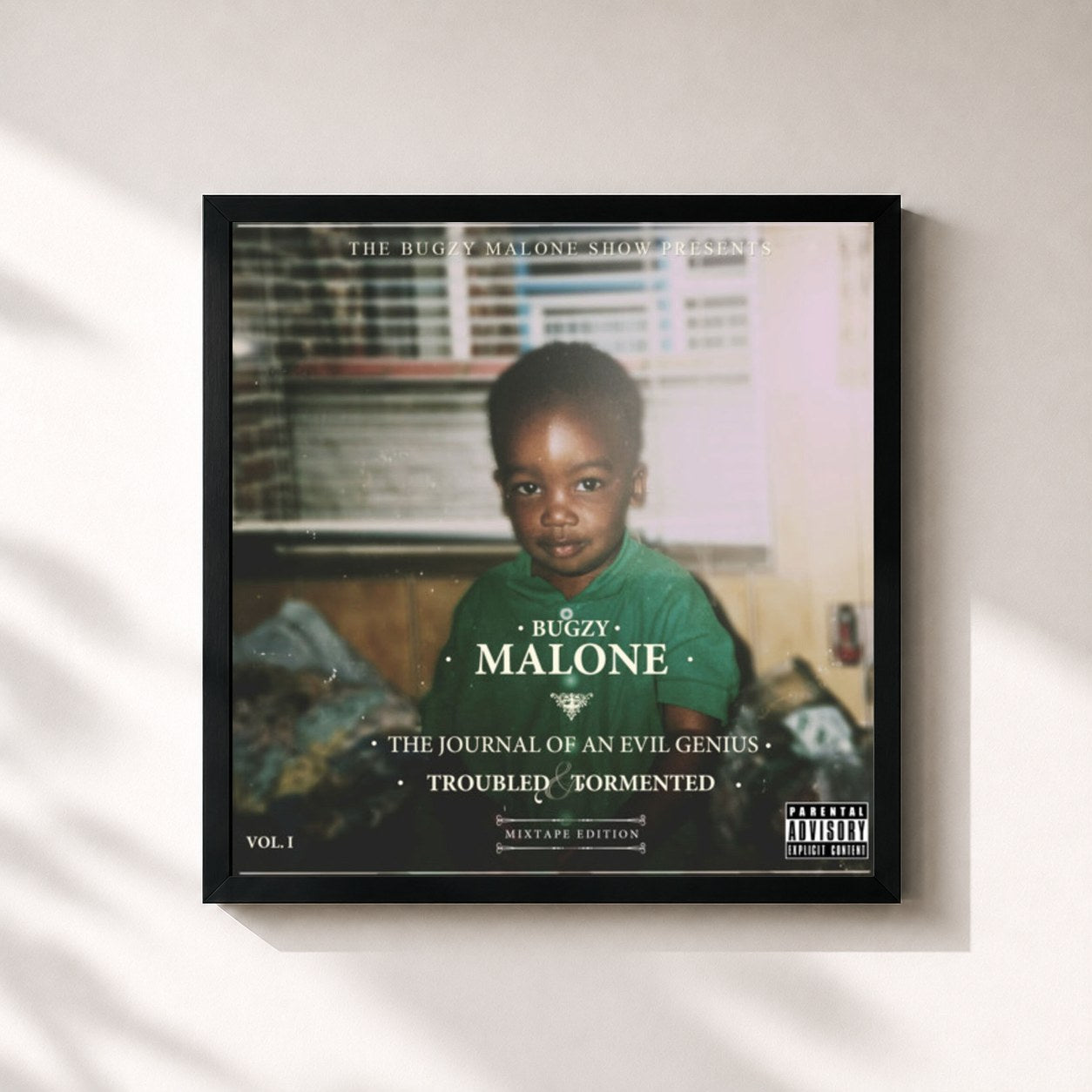 #noir Tableau carré de l'album Journal Of An Evil Genius (Tape 3) de Bugzy Malone, cadre noir 32x32 cm