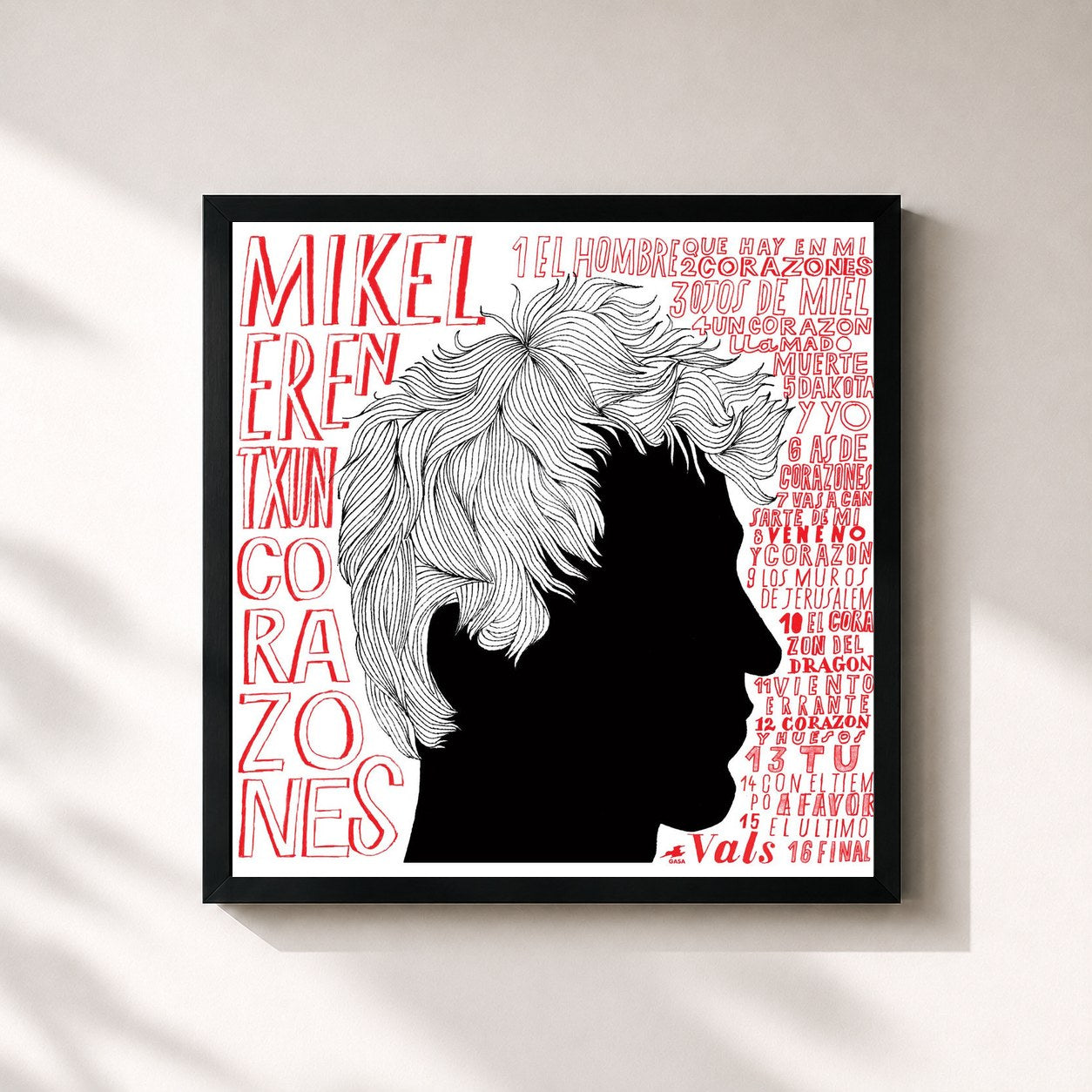 #noir Tableau carré de l'album Corazones de Mikel Erentxun, cadre noir 32x32 cm