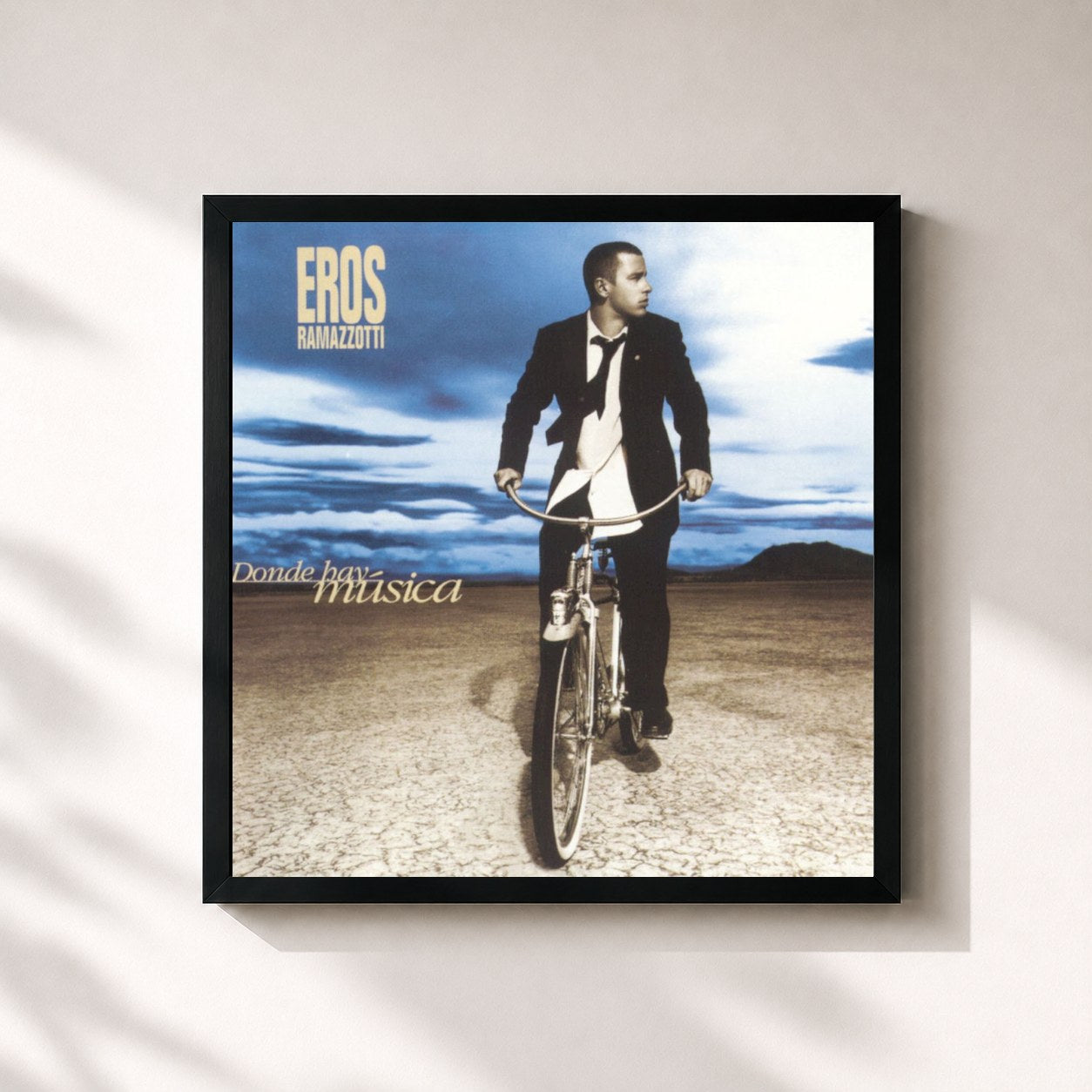 #noir Tableau carré de l'album Donde Hay Musica de Eros Ramazzotti, cadre noir 32x32 cm
