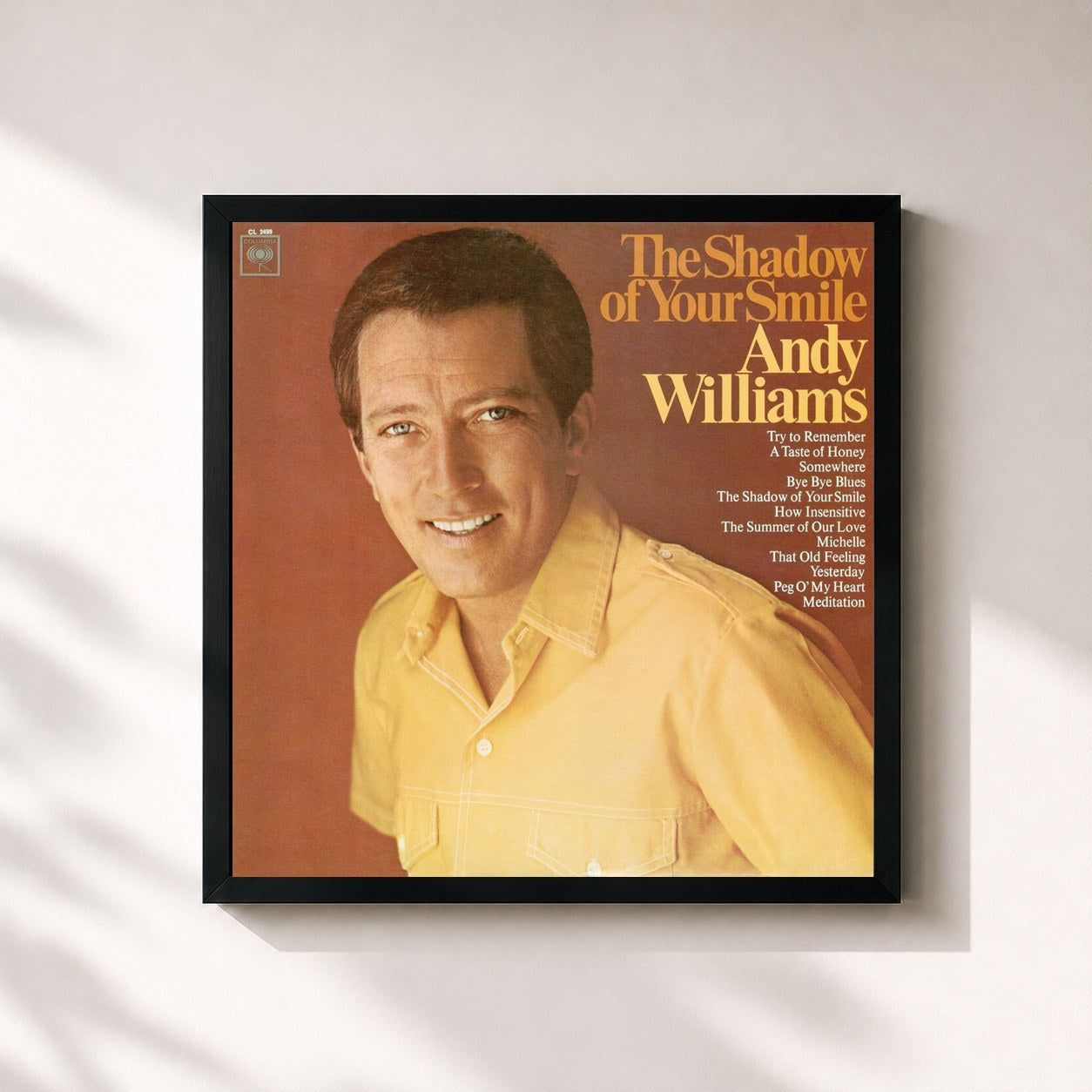 #noir Tableau carré de l'album The Shadow of Your Smile de Andy Williams, cadre noir 32x32 cm