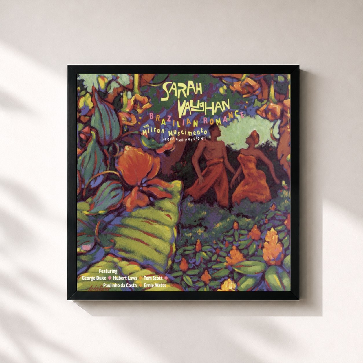 #noir Tableau carré de l'album Brazilian Romance de Sarah Vaughan, cadre noir 32x32 cm