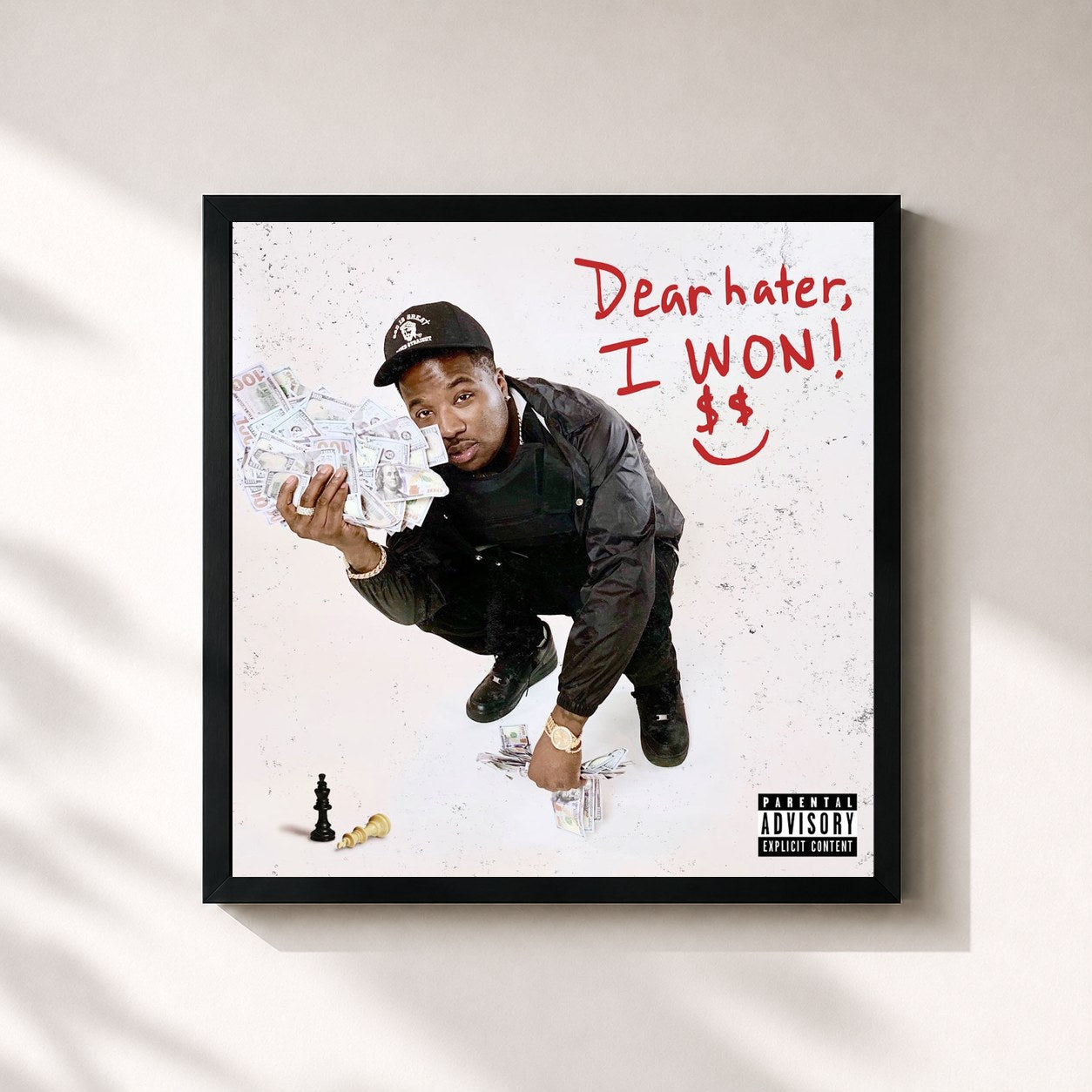 #noir Tableau carré de l'album Dear Hater I Won de Troy Ave, cadre noir 32x32 cm
