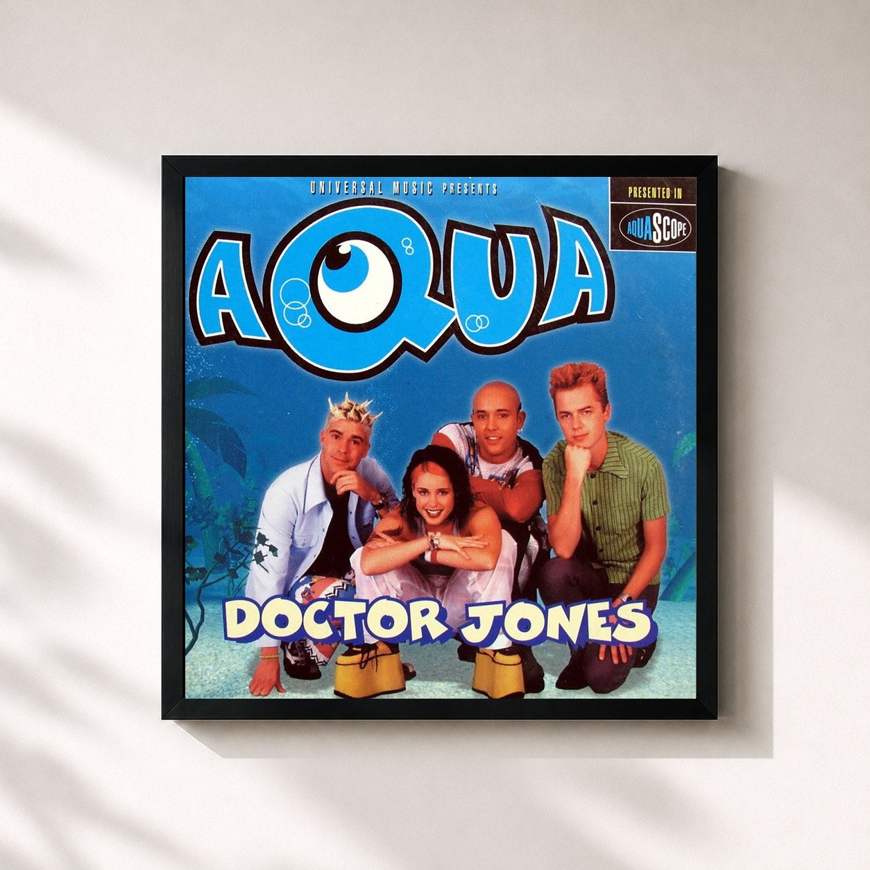 #noir Tableau carré de l'album Doctor Jones de Aqua, cadre noir 32x32 cm