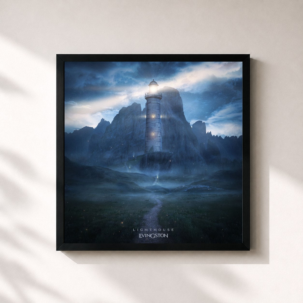 #noir Tableau carré de l'album Lighthouse de Livingston, cadre noir 32x32 cm