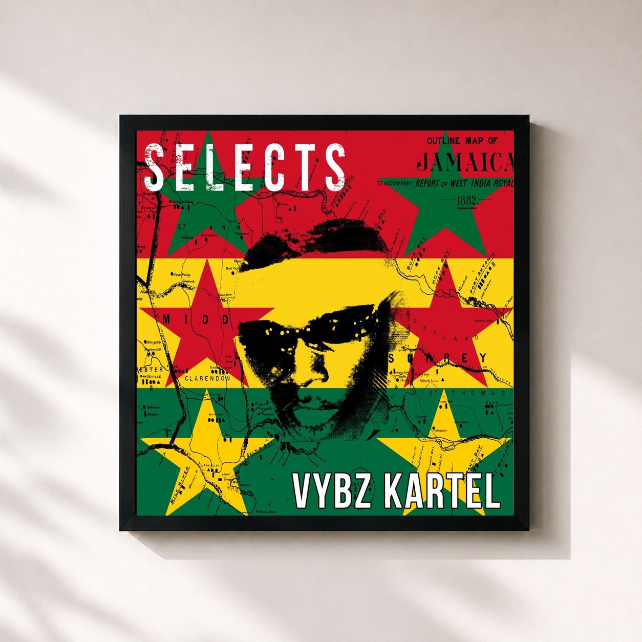 #noir Tableau carré de l'album Vybz Kartel Selects Reggae Dancehall de Vybz Kartel, cadre noir 32x32 cm