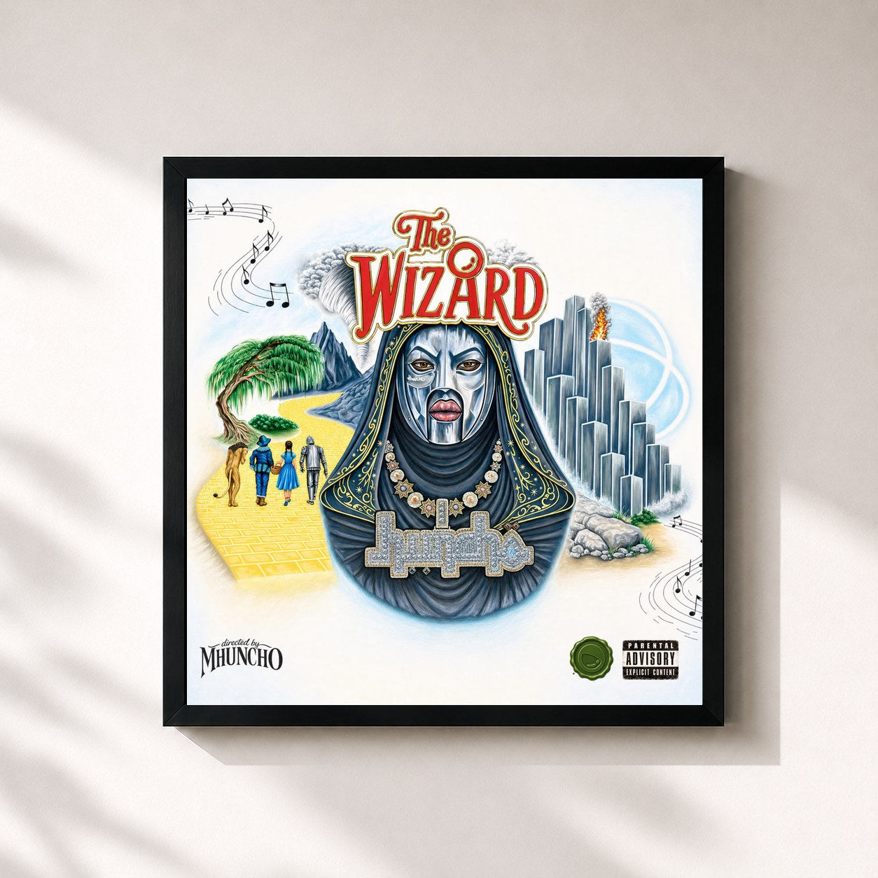 #noir Tableau carré de l'album THE WIZARD de M Huncho, cadre noir 32x32 cm